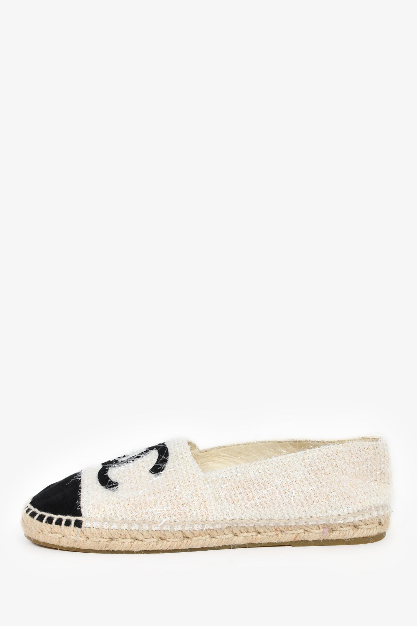 Pre-Loved Chanel™ White/Black Tweed Velvet CC Espadrille Flats Size 36