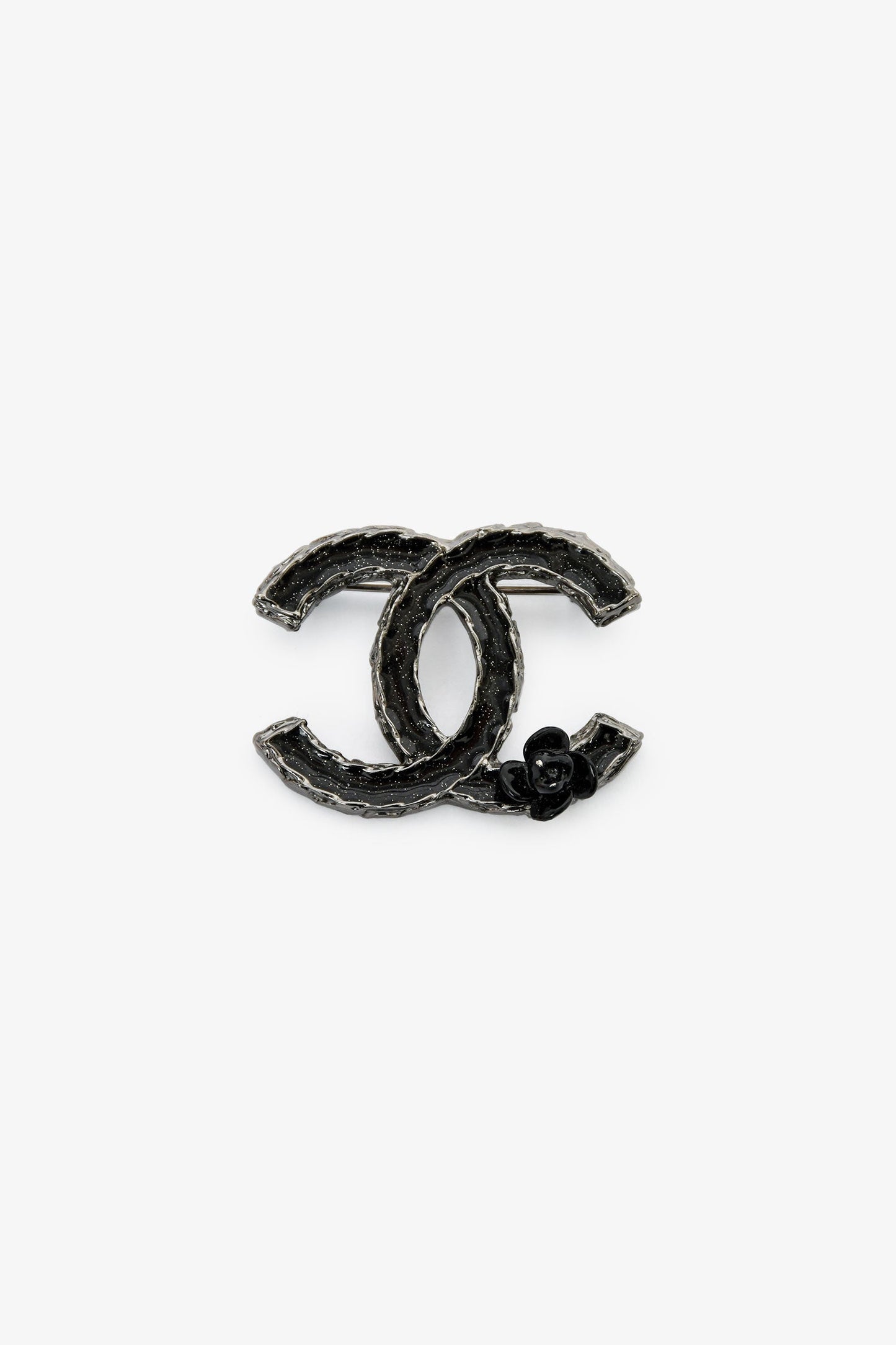 Pre-Loved Chanel™  Black Enamel CC Floral Embellished CC Brooch
