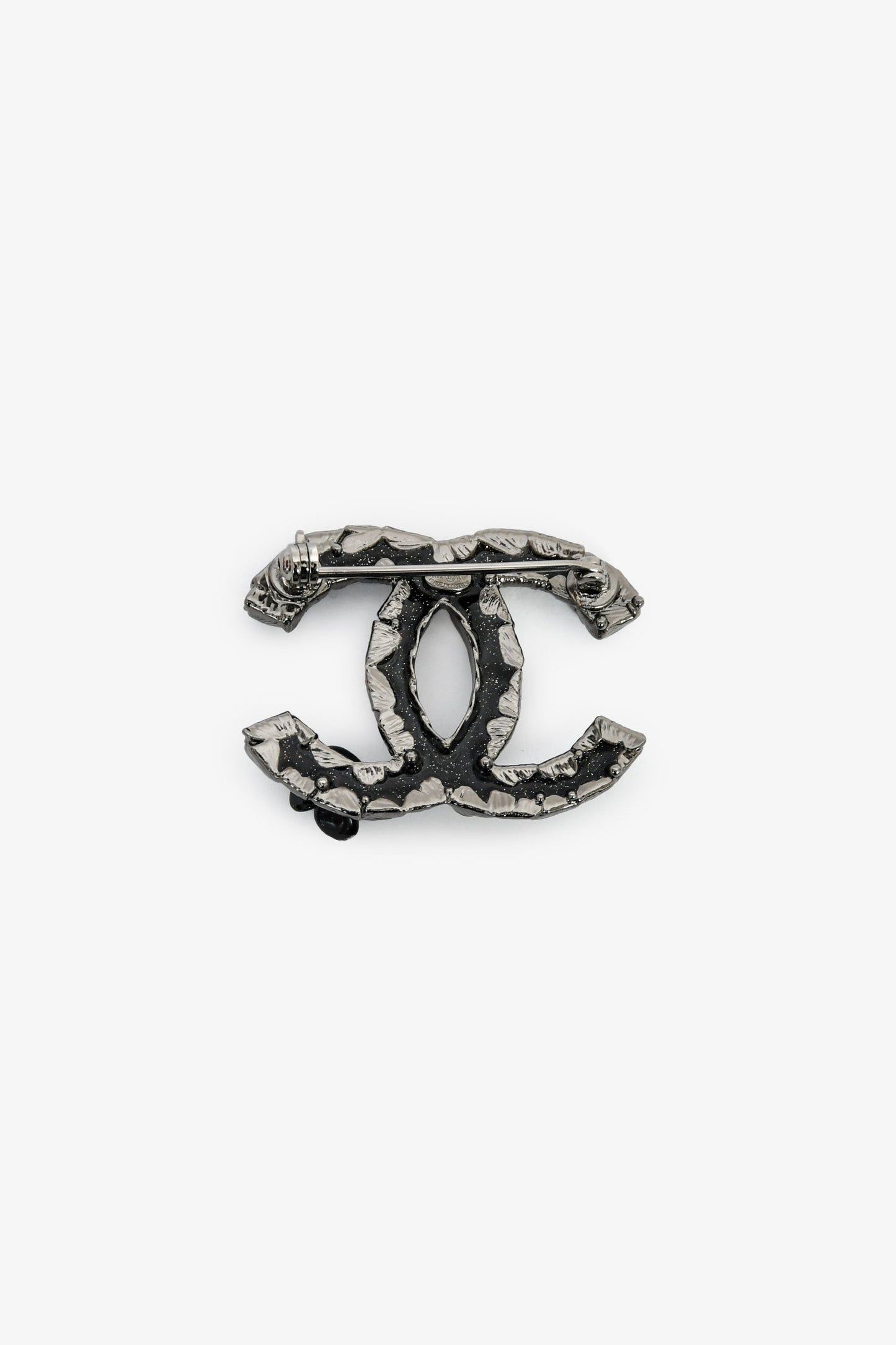 Pre-Loved Chanel™  Black Enamel CC Floral Embellished CC Brooch