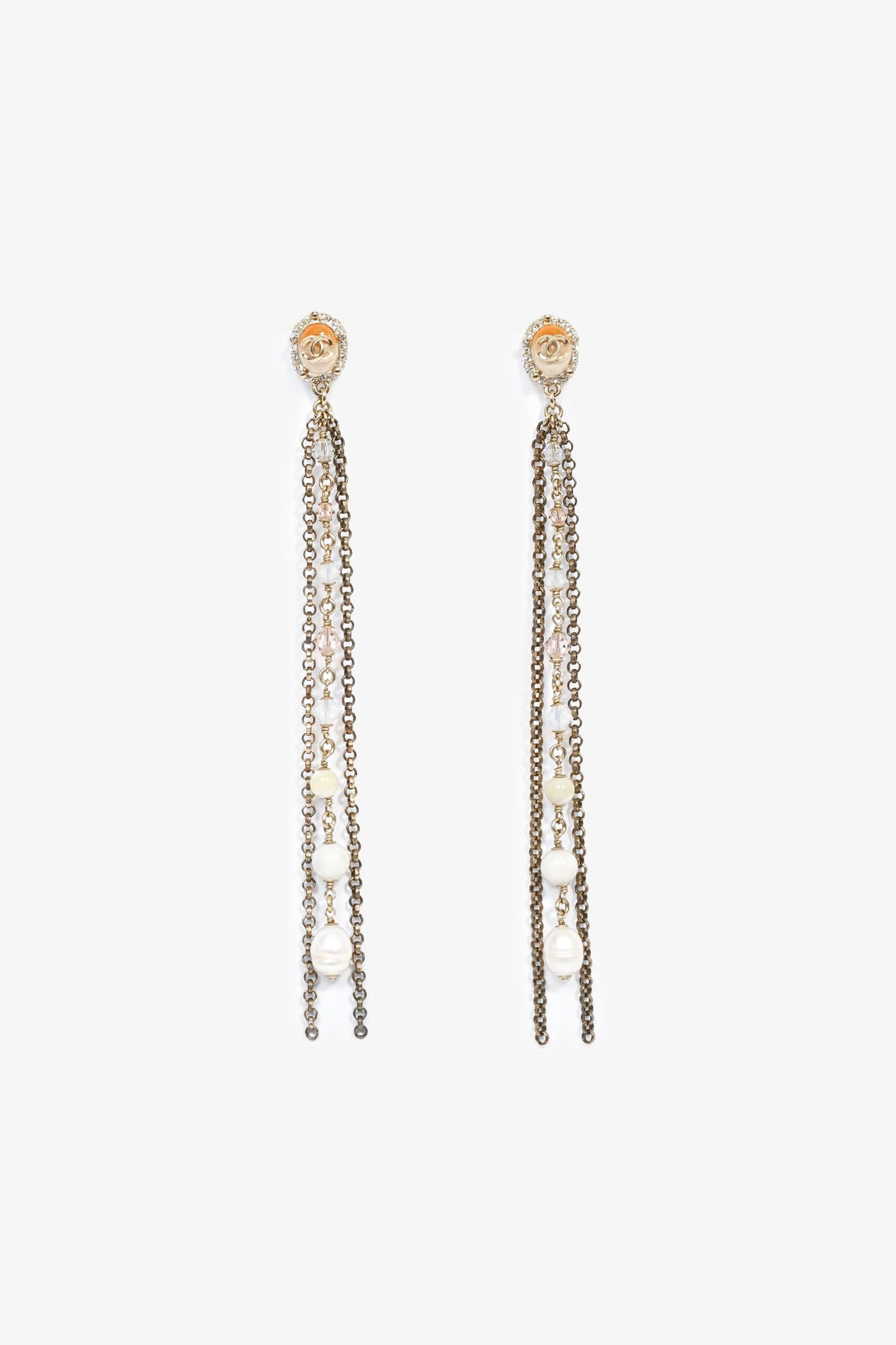 Pre-Loved Chanel™ 2018 Gold Tone Crystal Pearl Drop CC Multichain Earrings