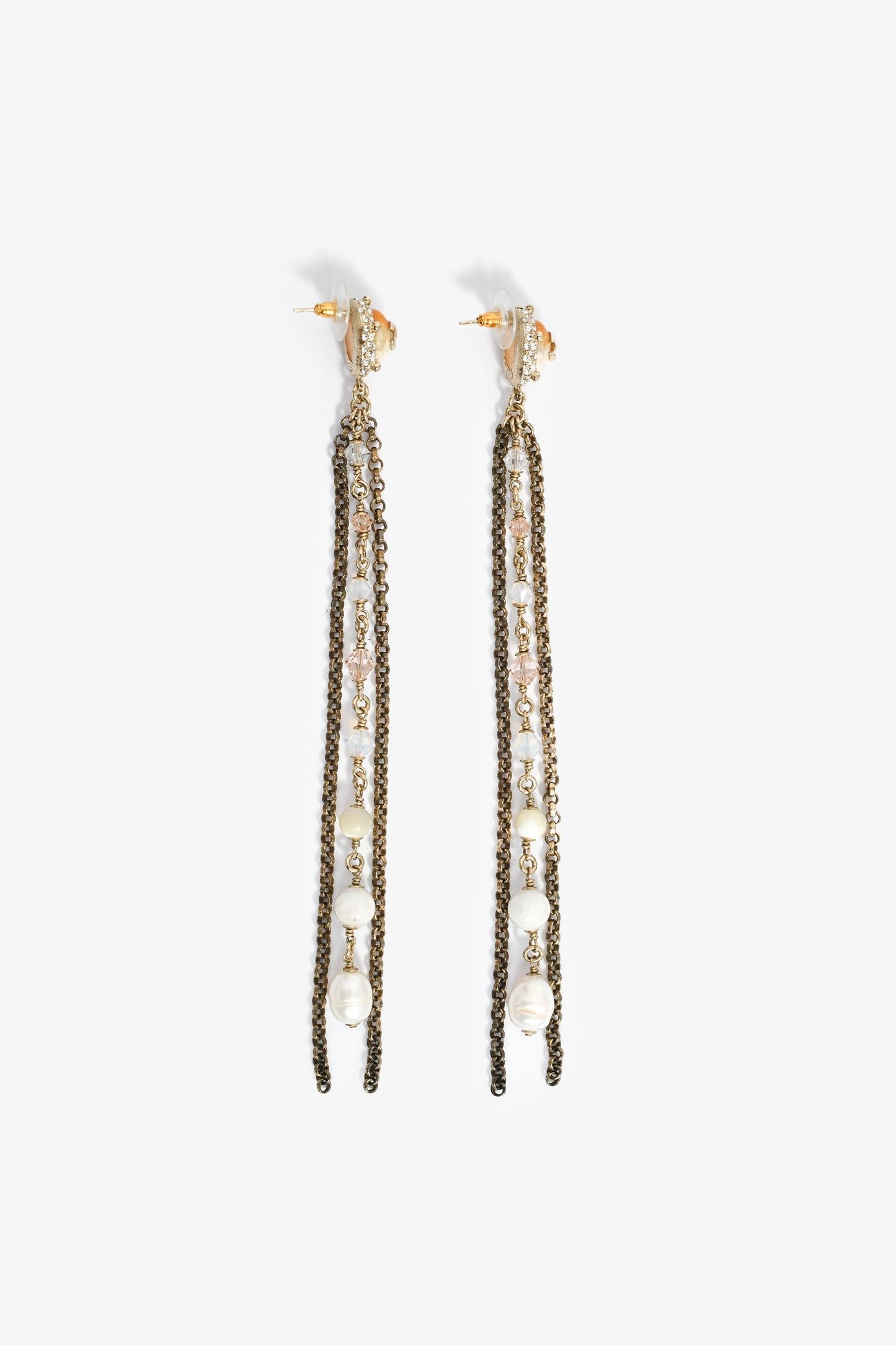 Pre-Loved Chanel™ 2018 Gold Tone Crystal Pearl Drop CC Multichain Earrings