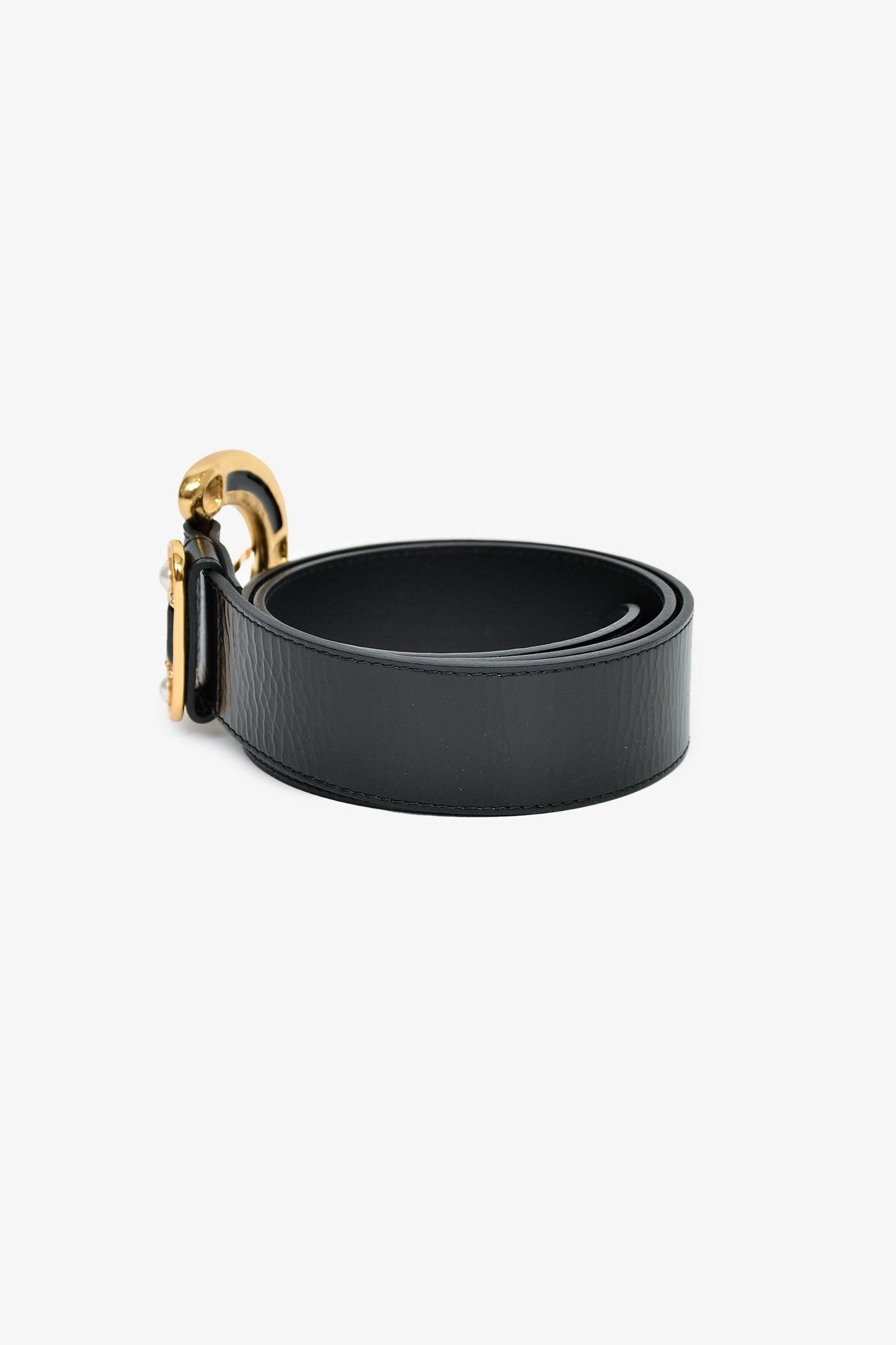 Pre-Loved Chanel™ Black Leather Pearl Embellished CC Belt Size 85