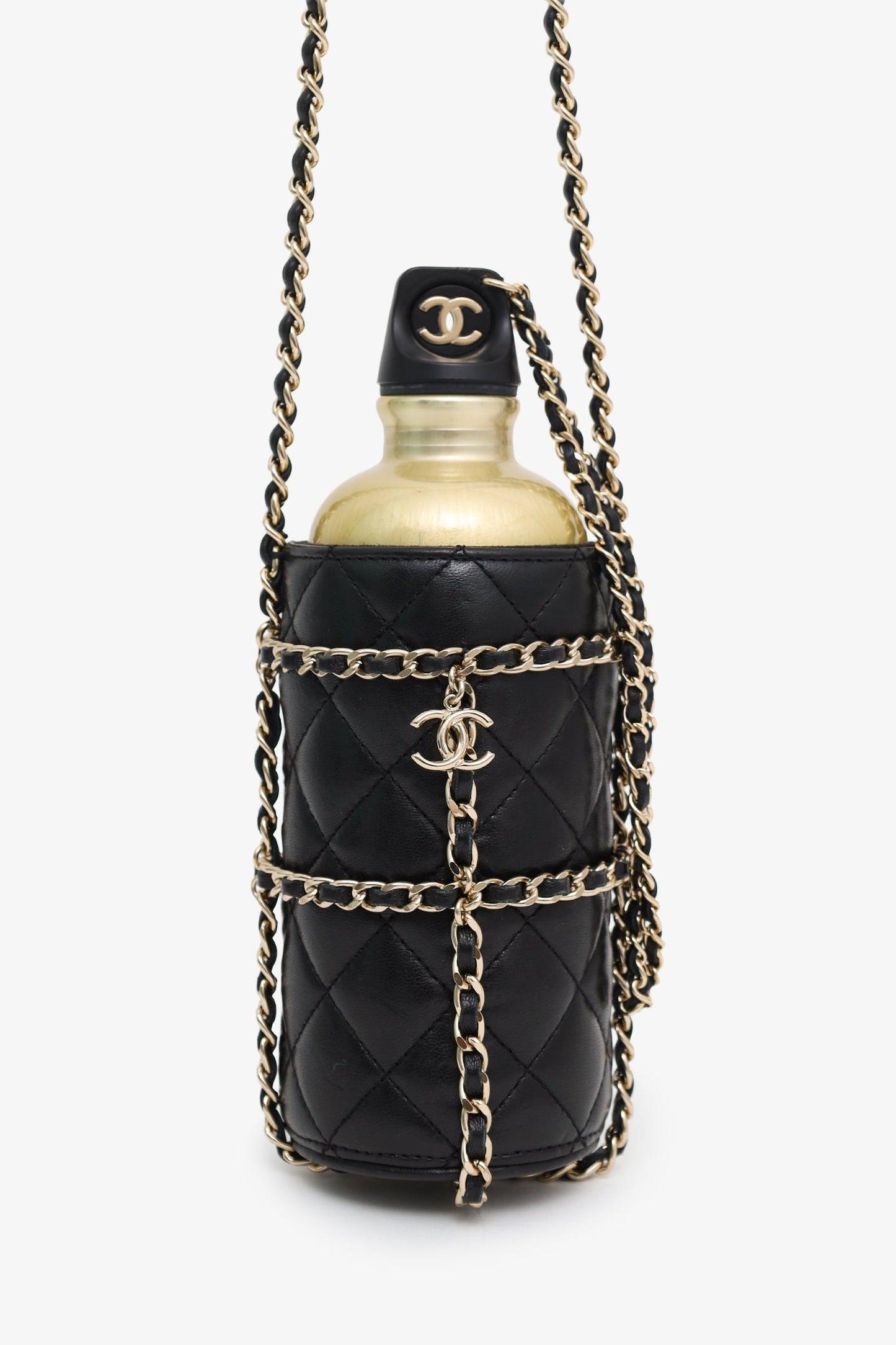 Pre-Loved Chanel™ 2019 Black/Gold Leather CC Water Bottle With Chain