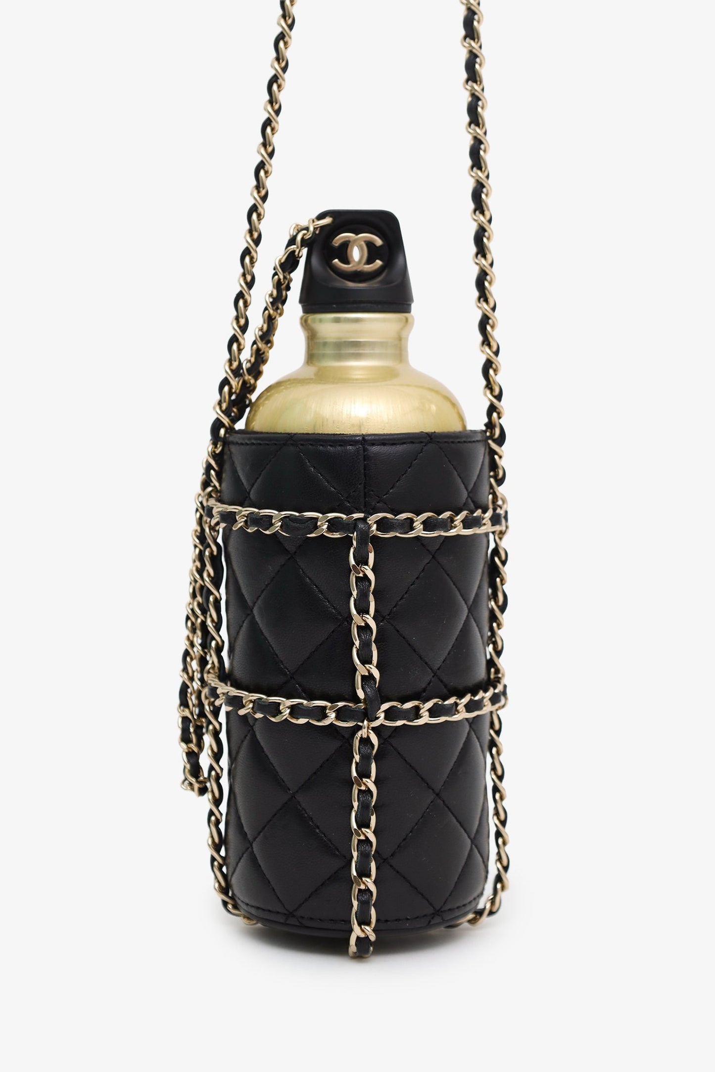 Pre-Loved Chanel™ 2019 Black/Gold Leather CC Water Bottle With Chain