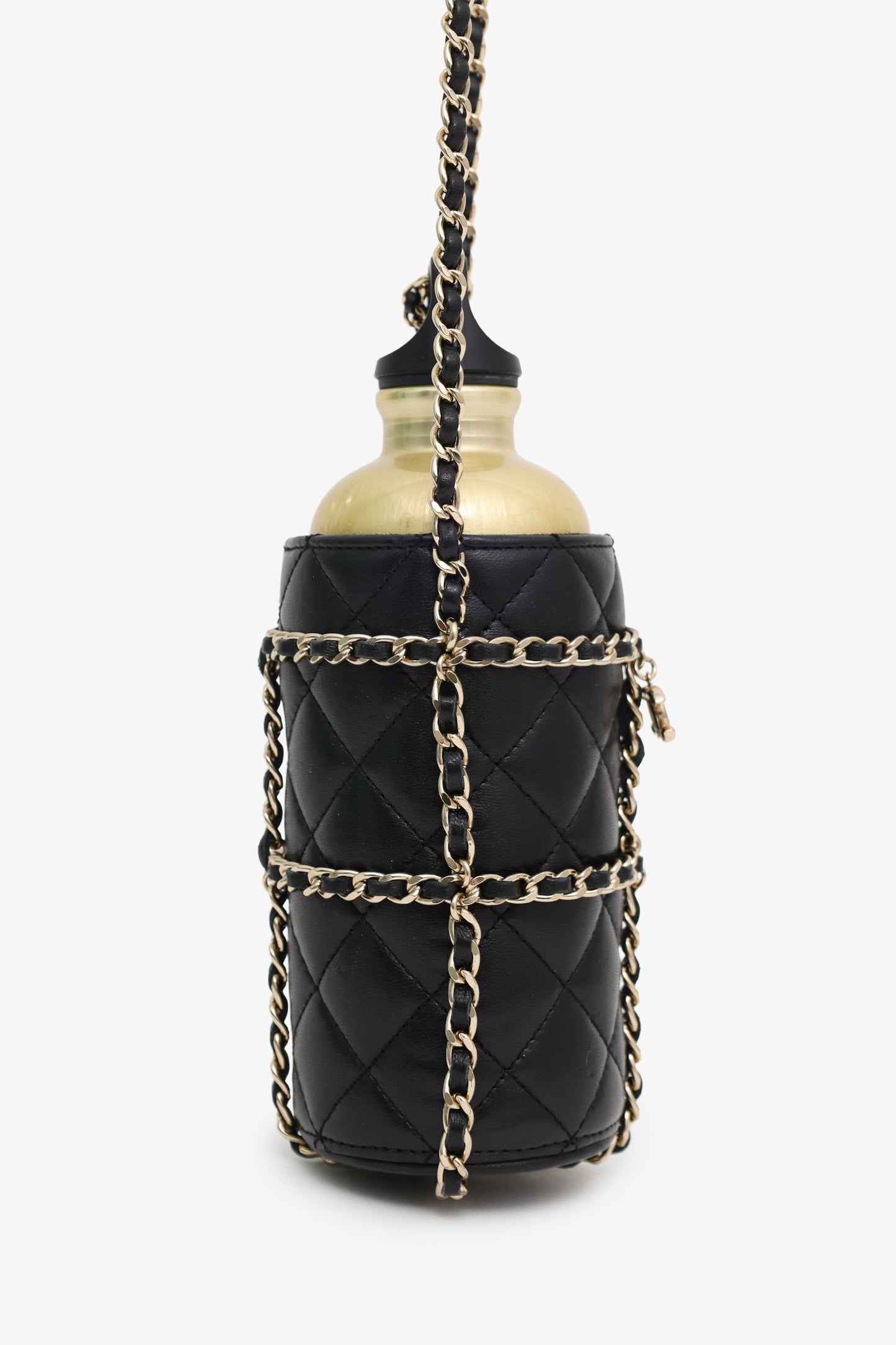 Pre-Loved Chanel™ 2019 Black/Gold Leather CC Water Bottle With Chain