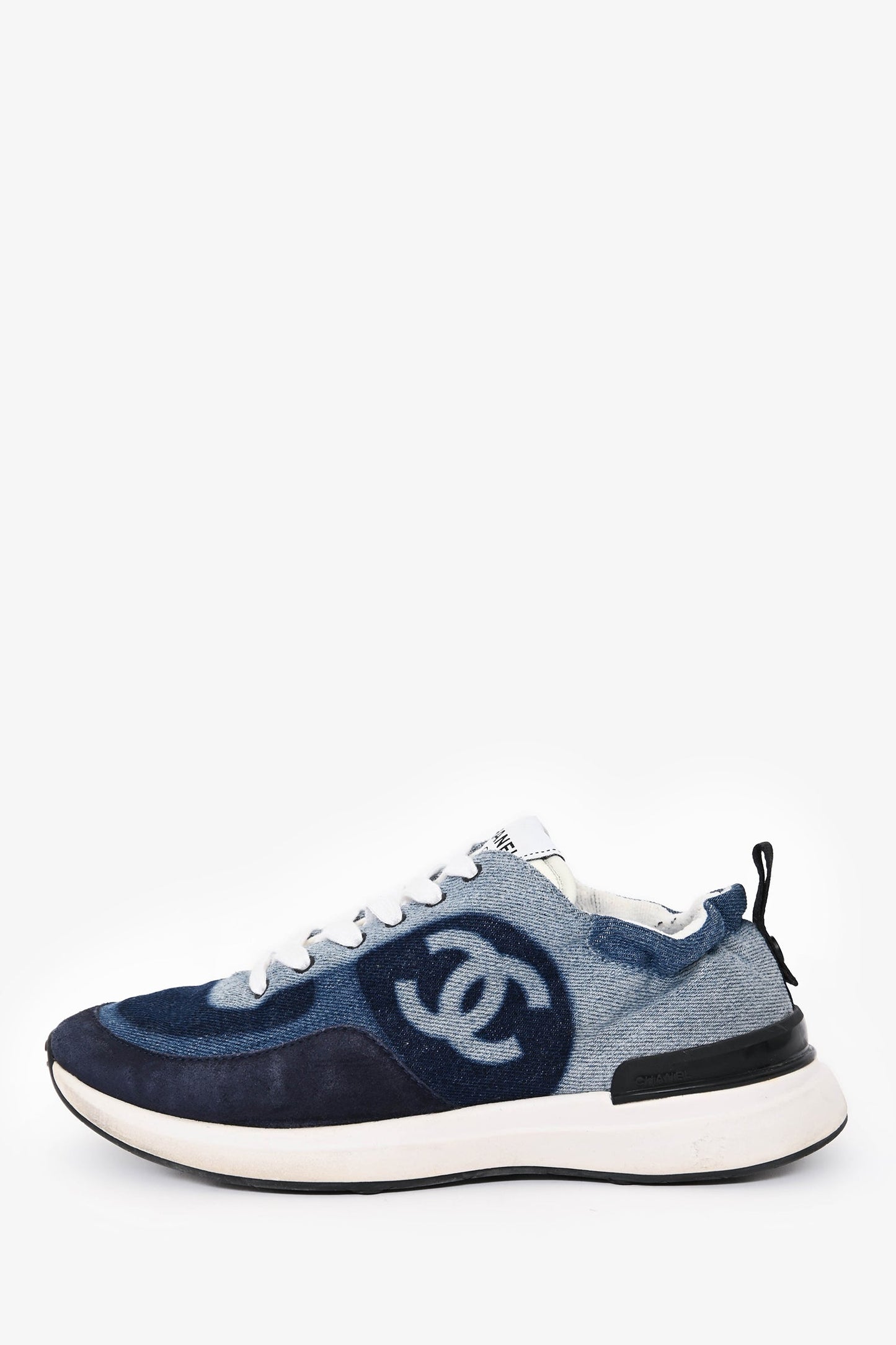 Pre-Loved Chanel™ Navy Denim Washed CC Logo Sneakers Size 37.5
