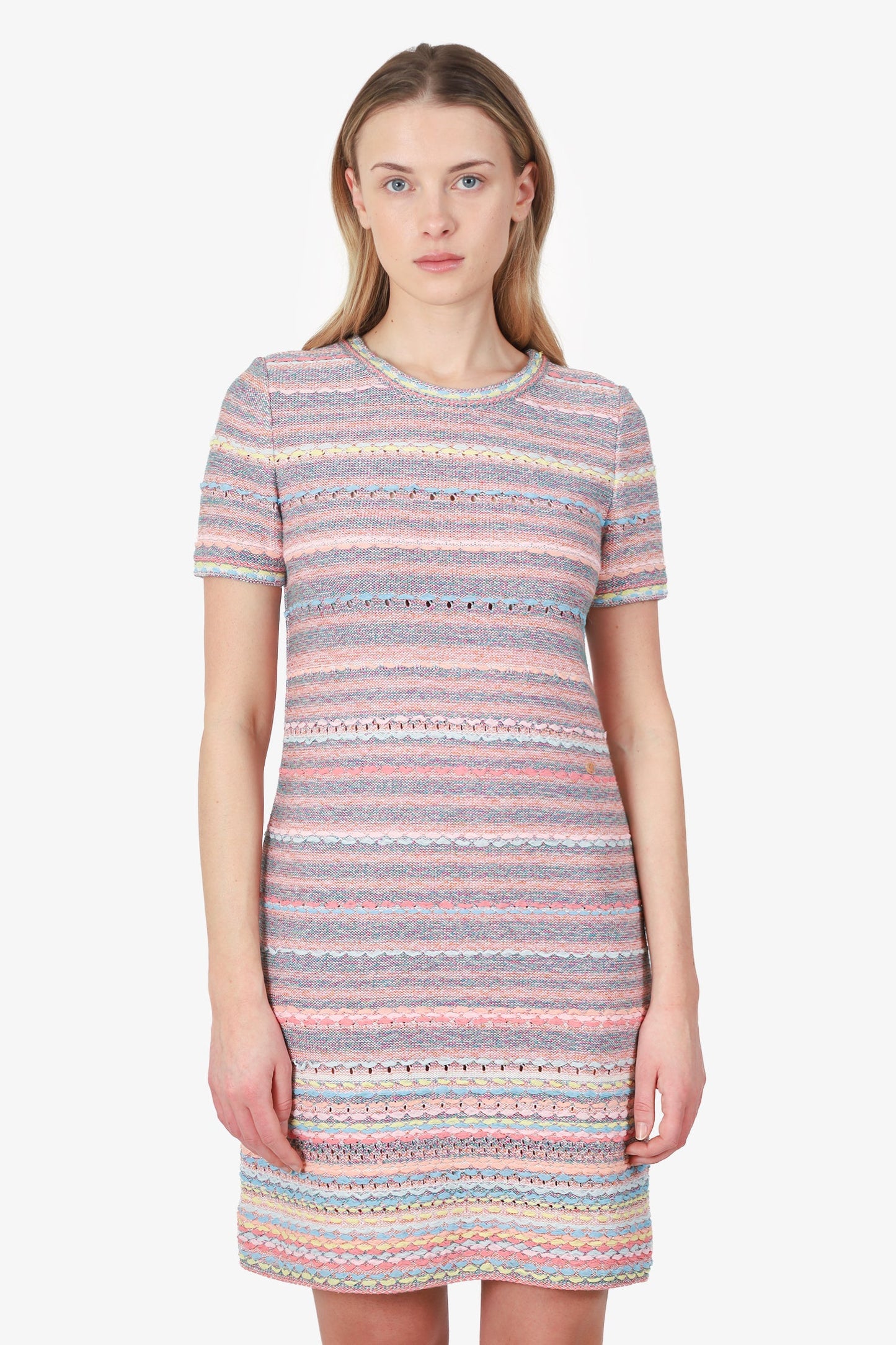 Pre-Loved Chanel™ 2018 Pink Silk/Cotton Tweed Woven Short Sleeve Midi Dress Size 38