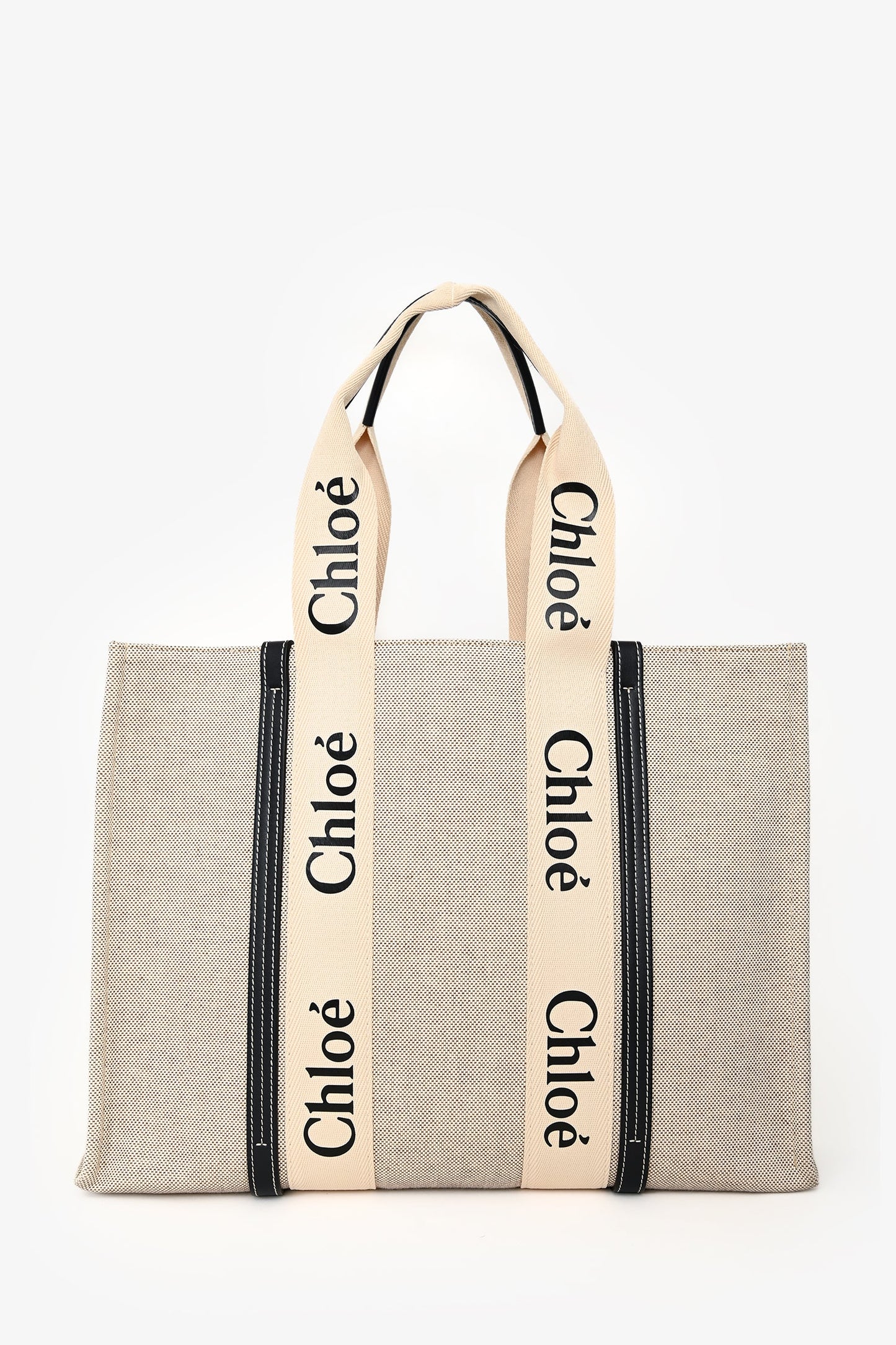 Chloe Beige/Navy Fabric Black Leather Trim Logo Woody Large Tote