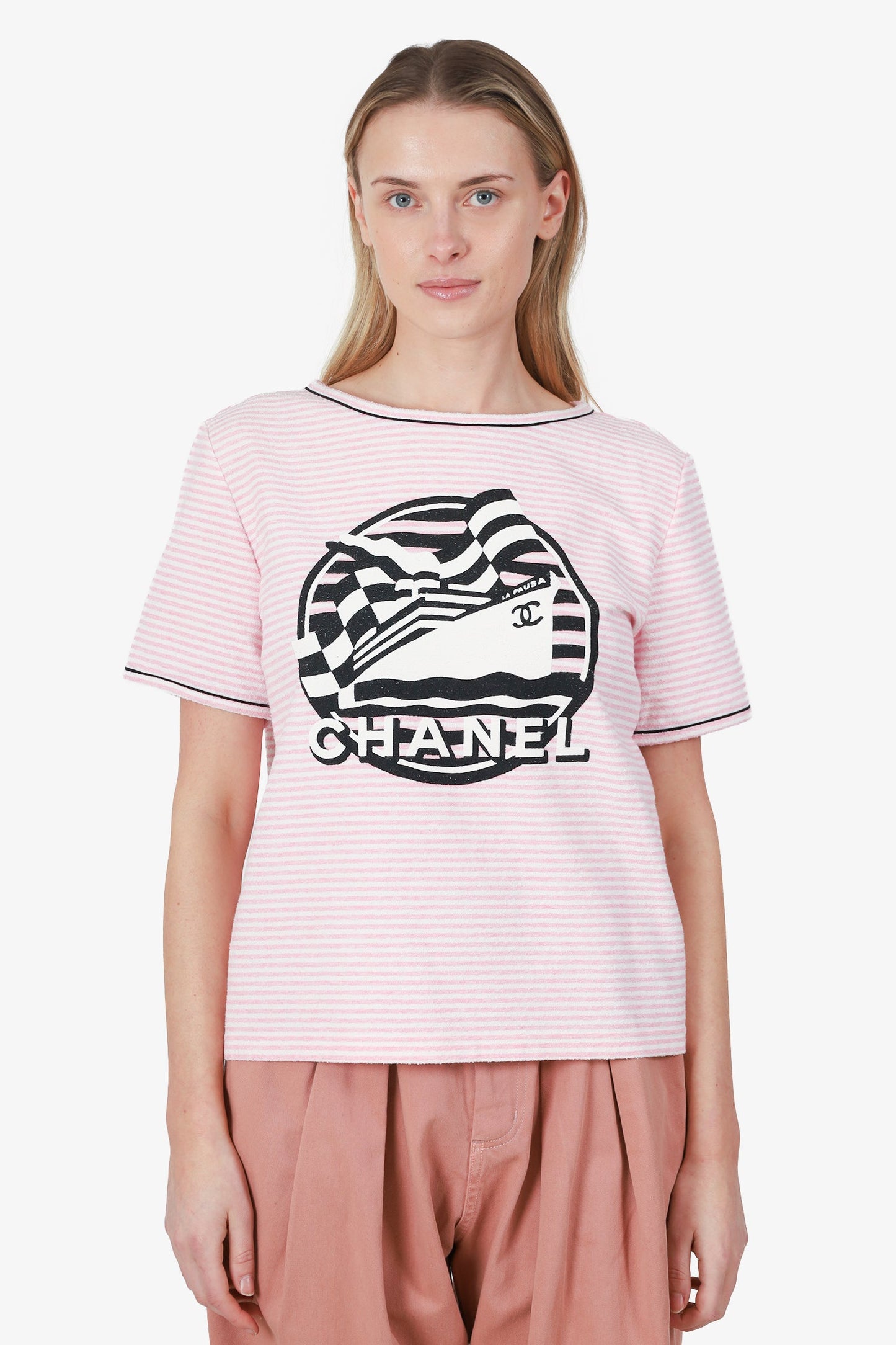 Pre-Loved Chanel™ 2019 Pink/White Striped Terry Knit La Pausa T-Shirt Size 40
