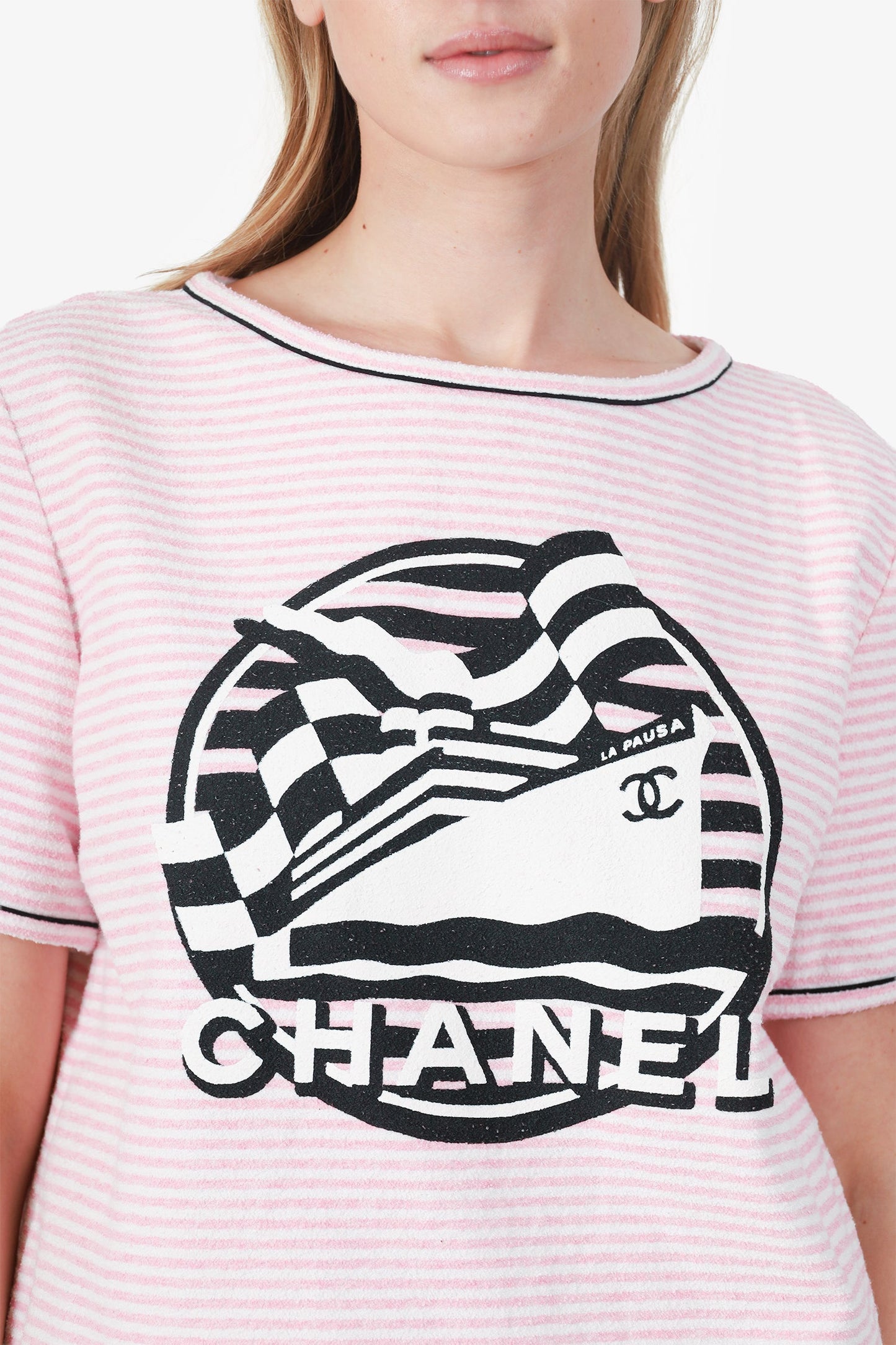 Pre-Loved Chanel™ 2019 Pink/White Striped Terry Knit La Pausa T-Shirt Size 40