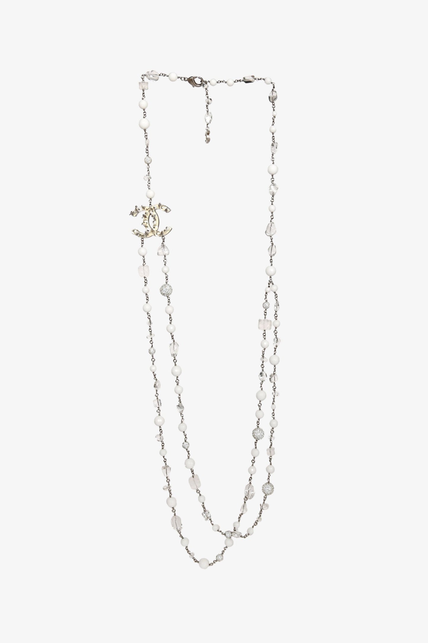 Pre-Loved Chanel™ 2010 Silver Tone Metal/White Bead/Crystal Embellished CC Necklace