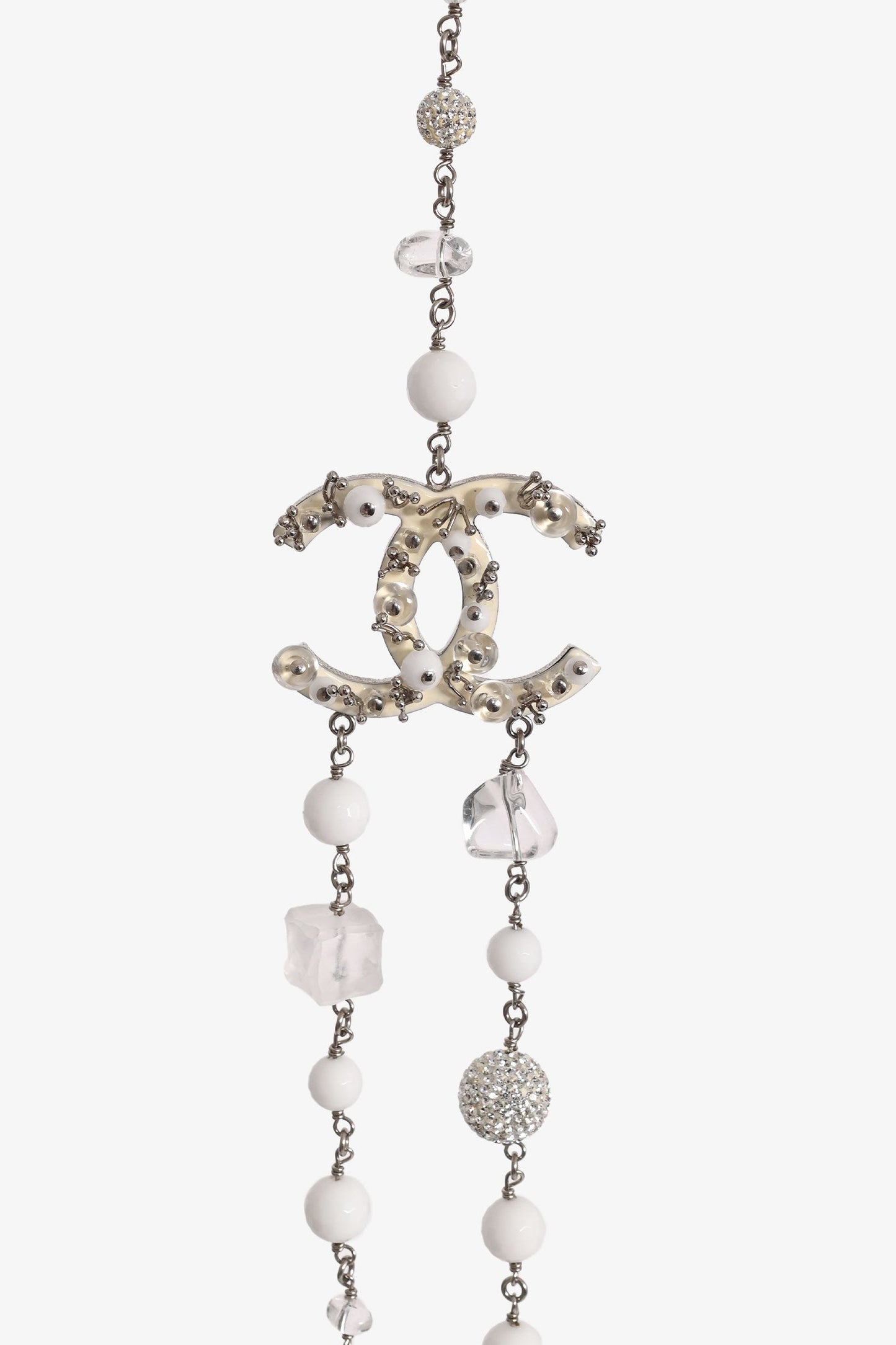 Pre-Loved Chanel™ 2010 Silver Tone Metal/White Bead/Crystal Embellished CC Necklace