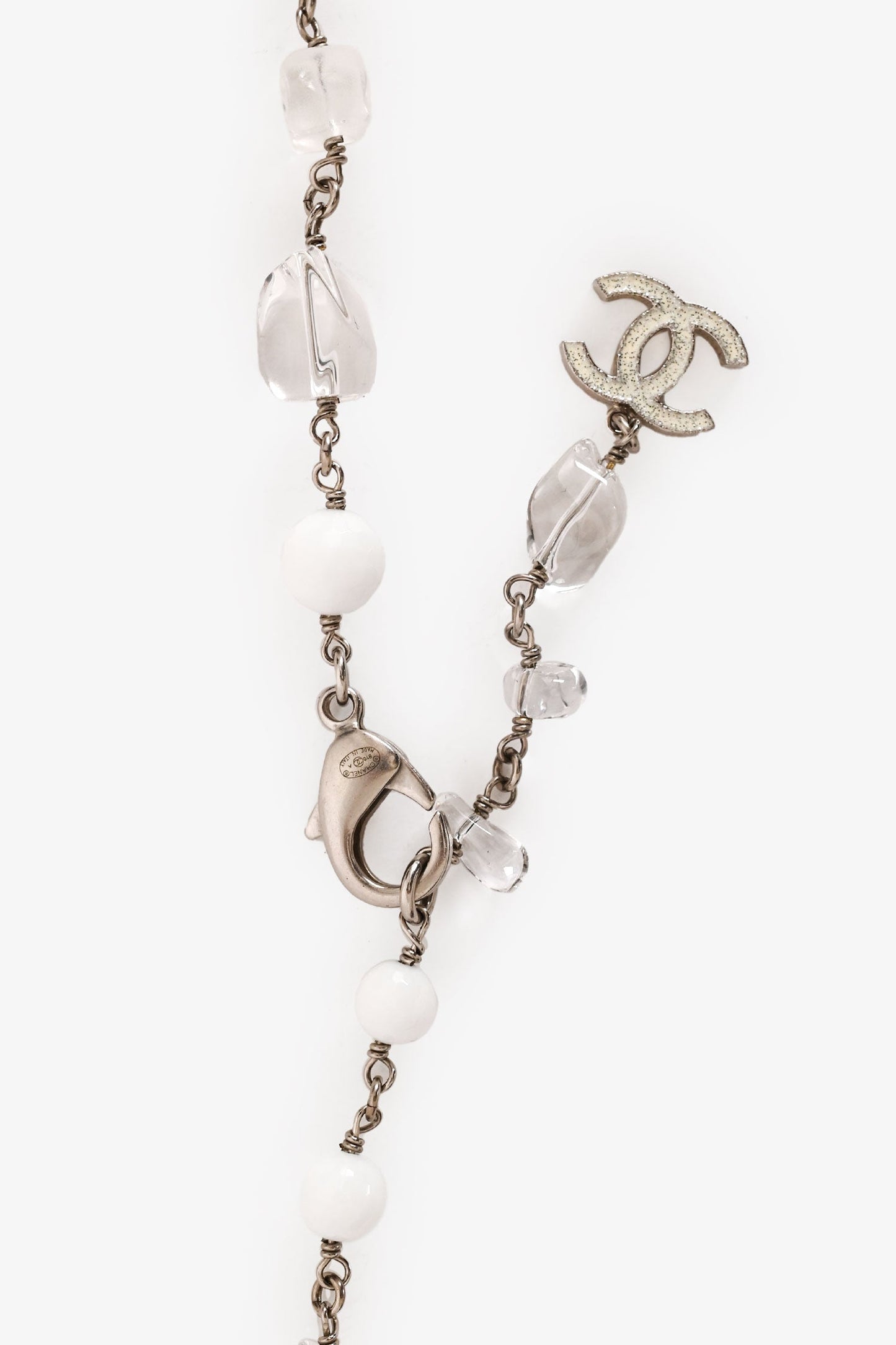 Pre-Loved Chanel™ 2010 Silver Tone Metal/White Bead/Crystal Embellished CC Necklace