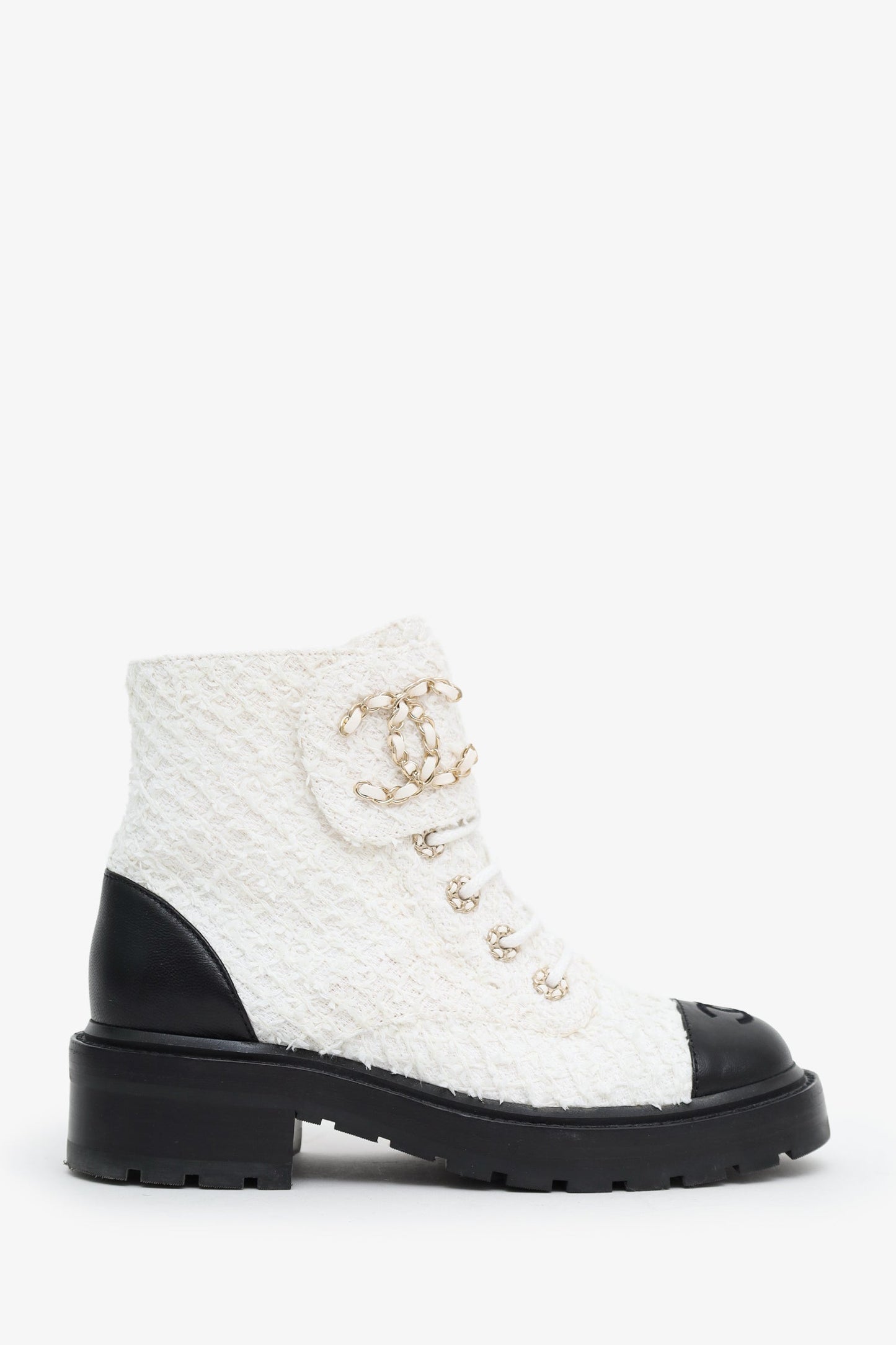 Pre-Loved Chanel™ White Tweed Lambskin Quilted Lace Up Combat Boots Size 37.5