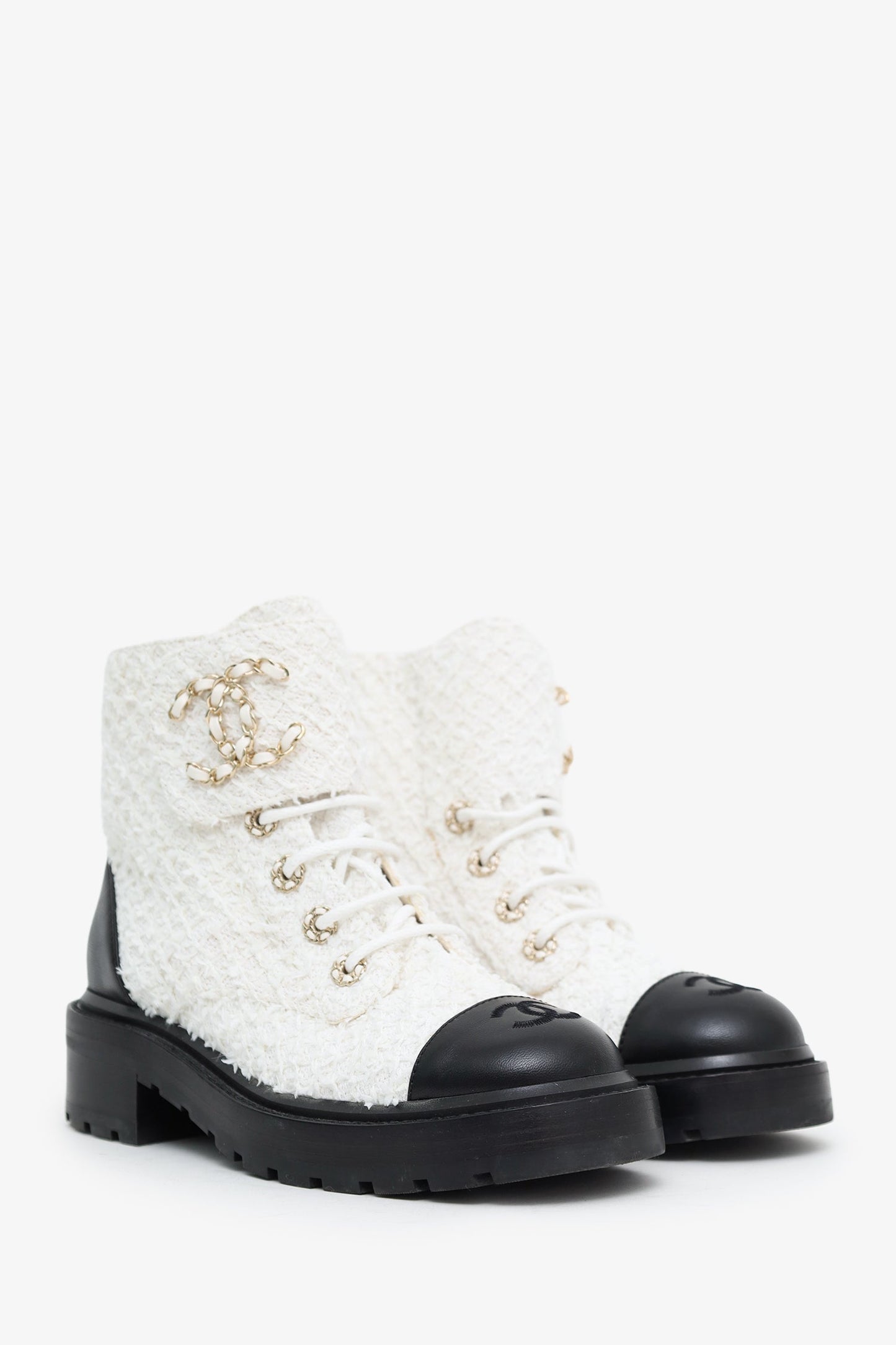 Pre-Loved Chanel™ White Tweed Lambskin Quilted Lace Up Combat Boots Size 37.5