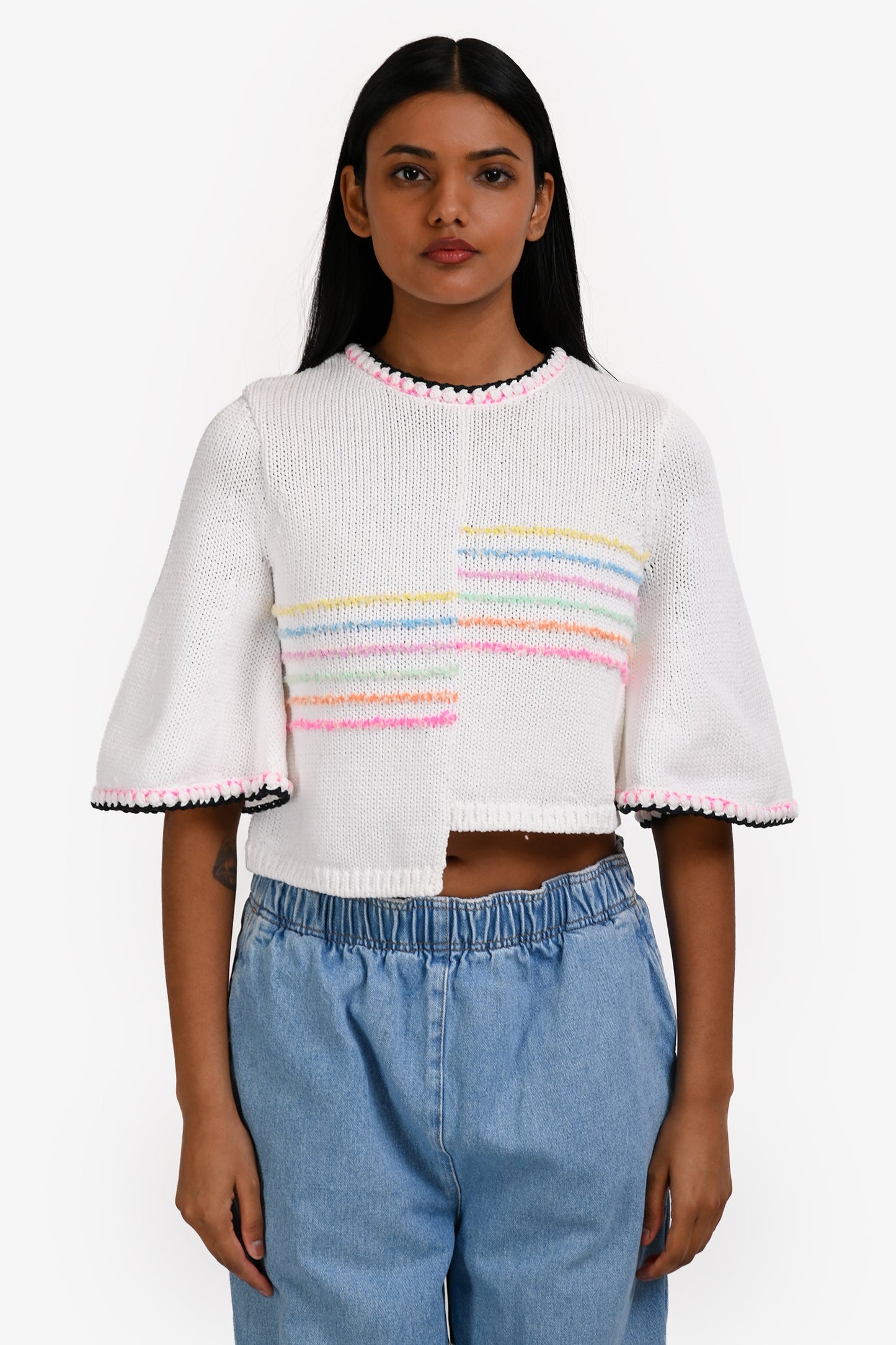 Pre-Loved Chanel™ 2024 Runway White Cotton Strip Pattern Cropped Sweater Size 36