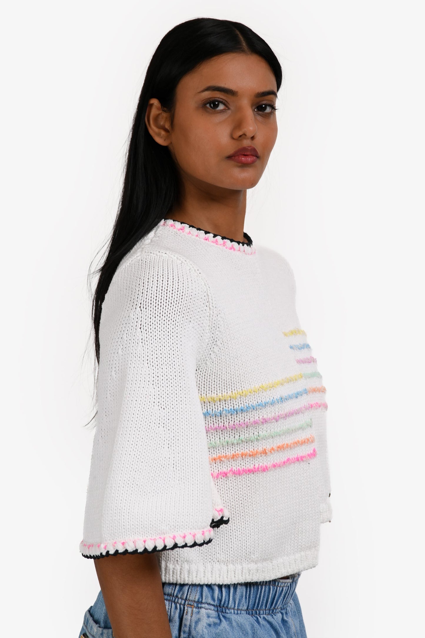 Pre-Loved Chanel™ 2024 Runway White Cotton Strip Pattern Cropped Sweater Size 36