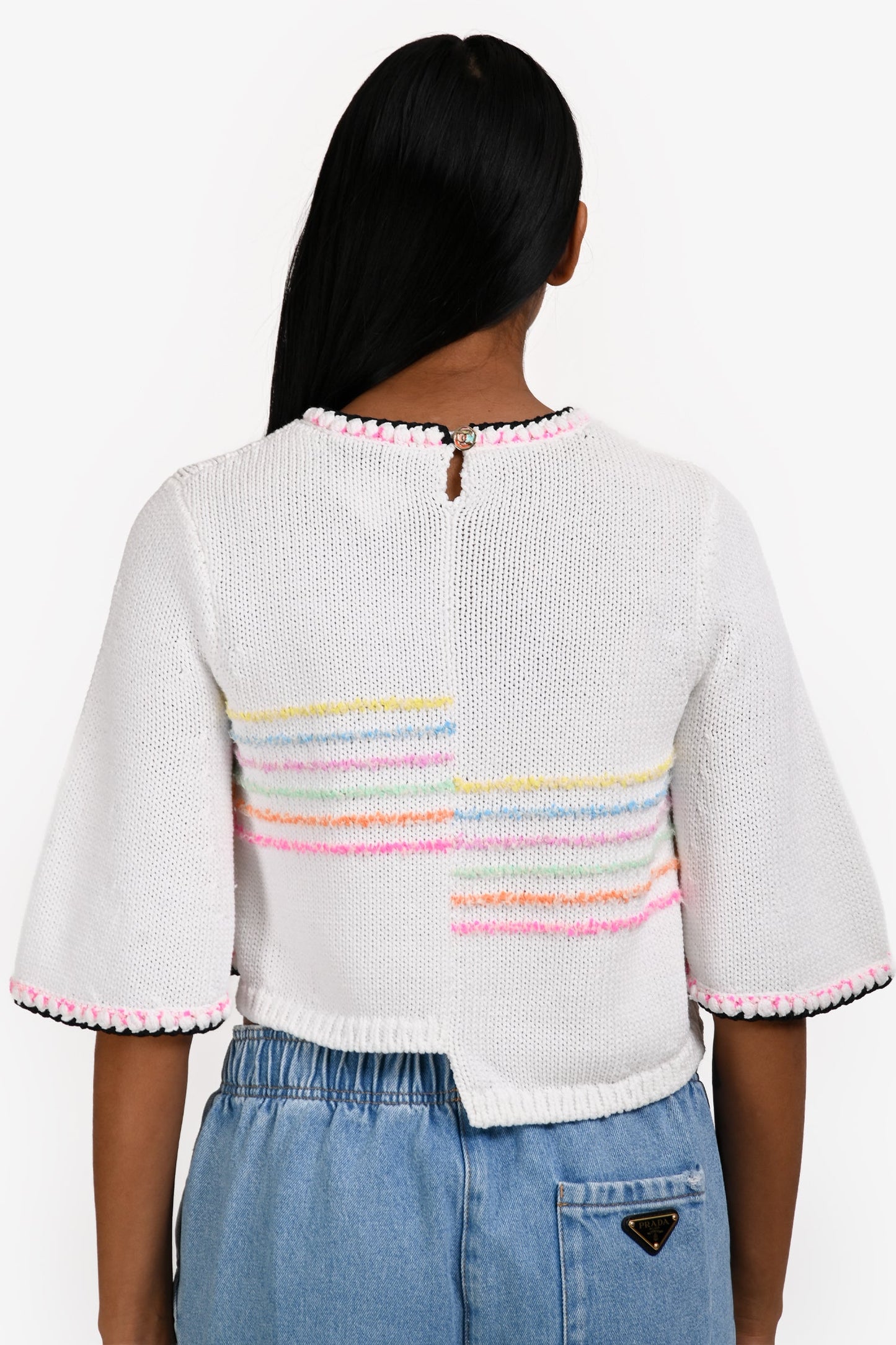 Pre-Loved Chanel™ 2024 Runway White Cotton Strip Pattern Cropped Sweater Size 36