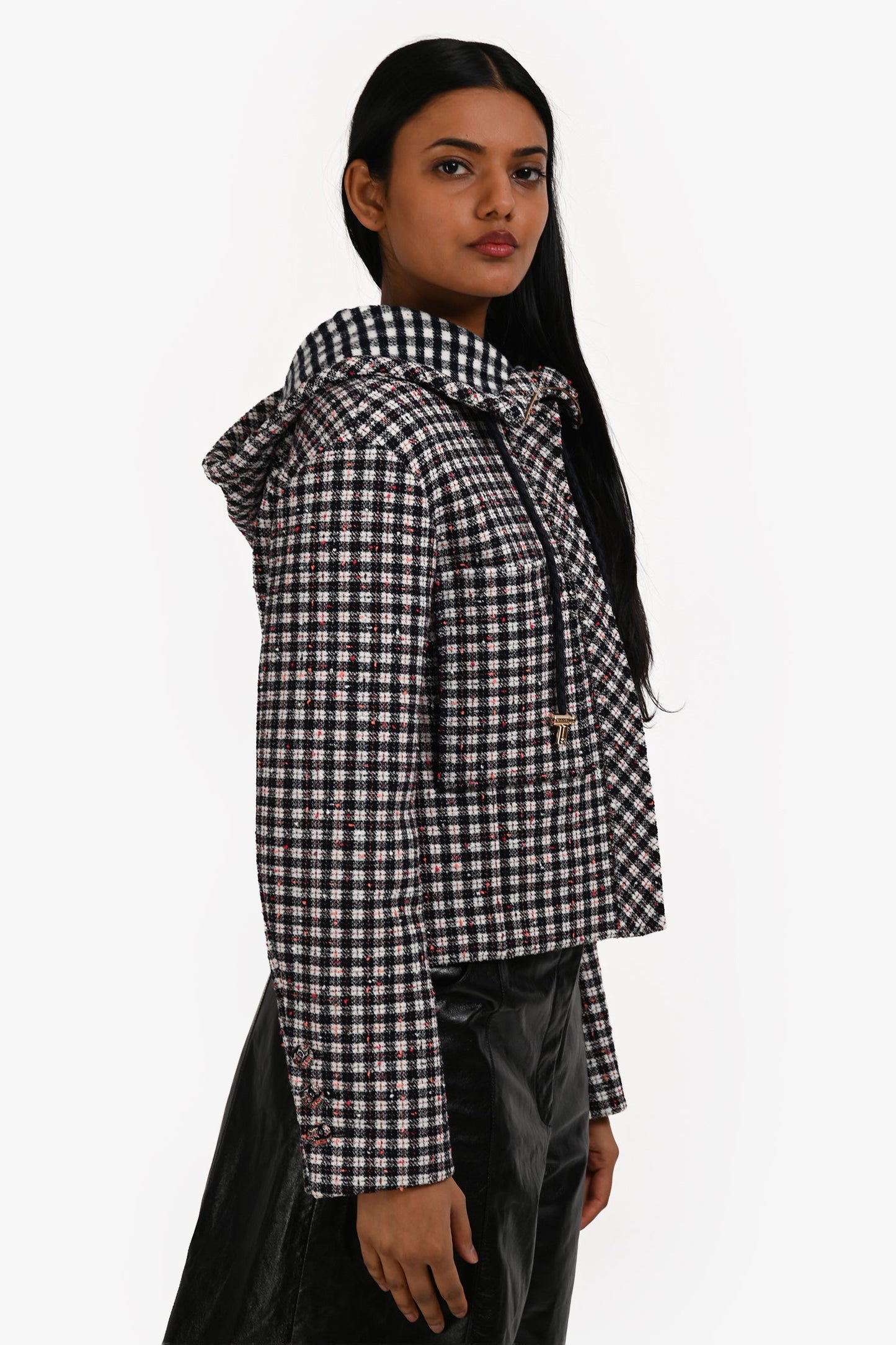 Pre-Loved Chanel™ 2014 White/Black Wool Check Hooded Jacket Size 36
