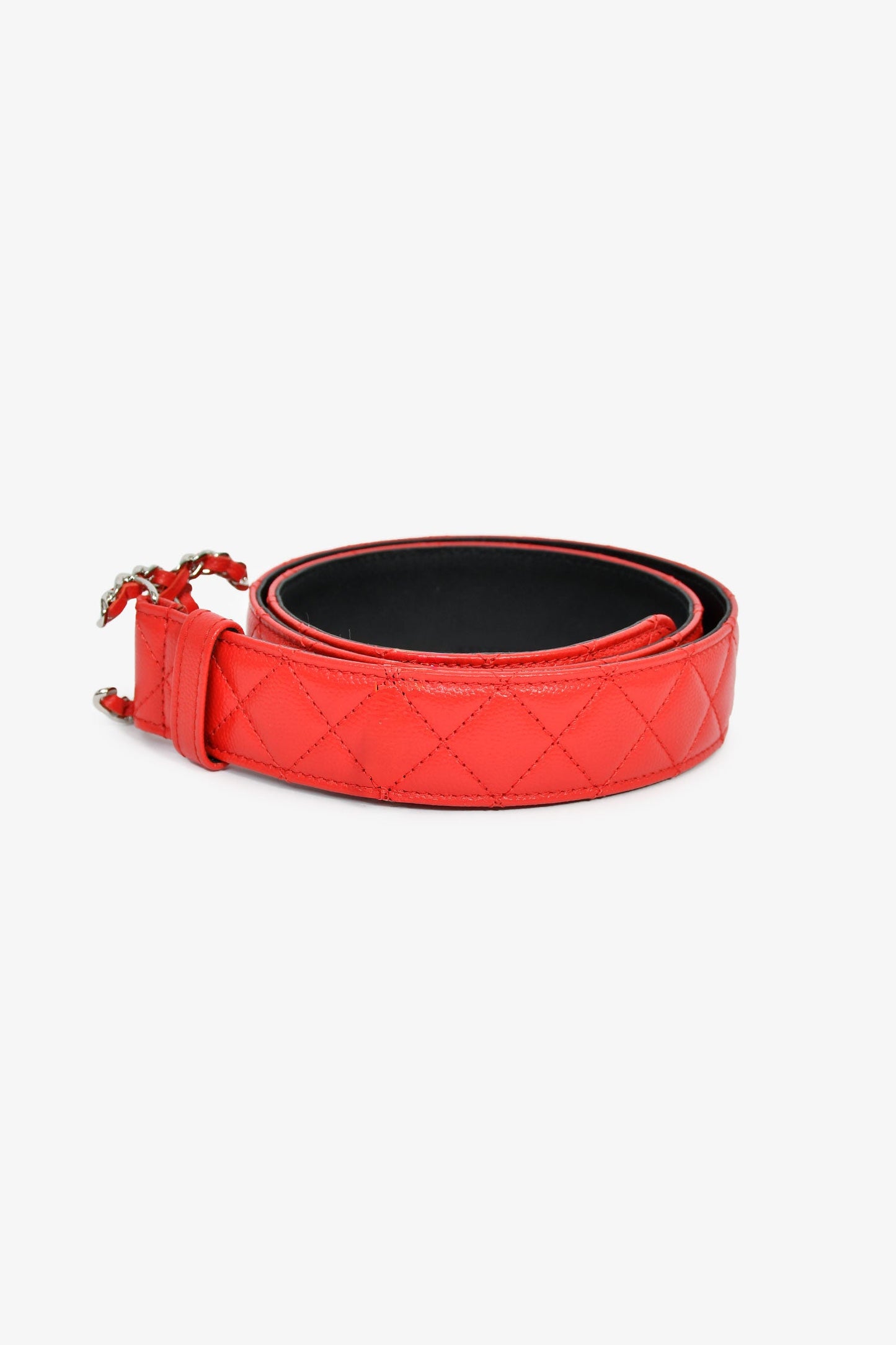 Pre-Loved Chanel™ 2020 Red Quilted Caviar Leather CC Buckle Belt Size 80/32