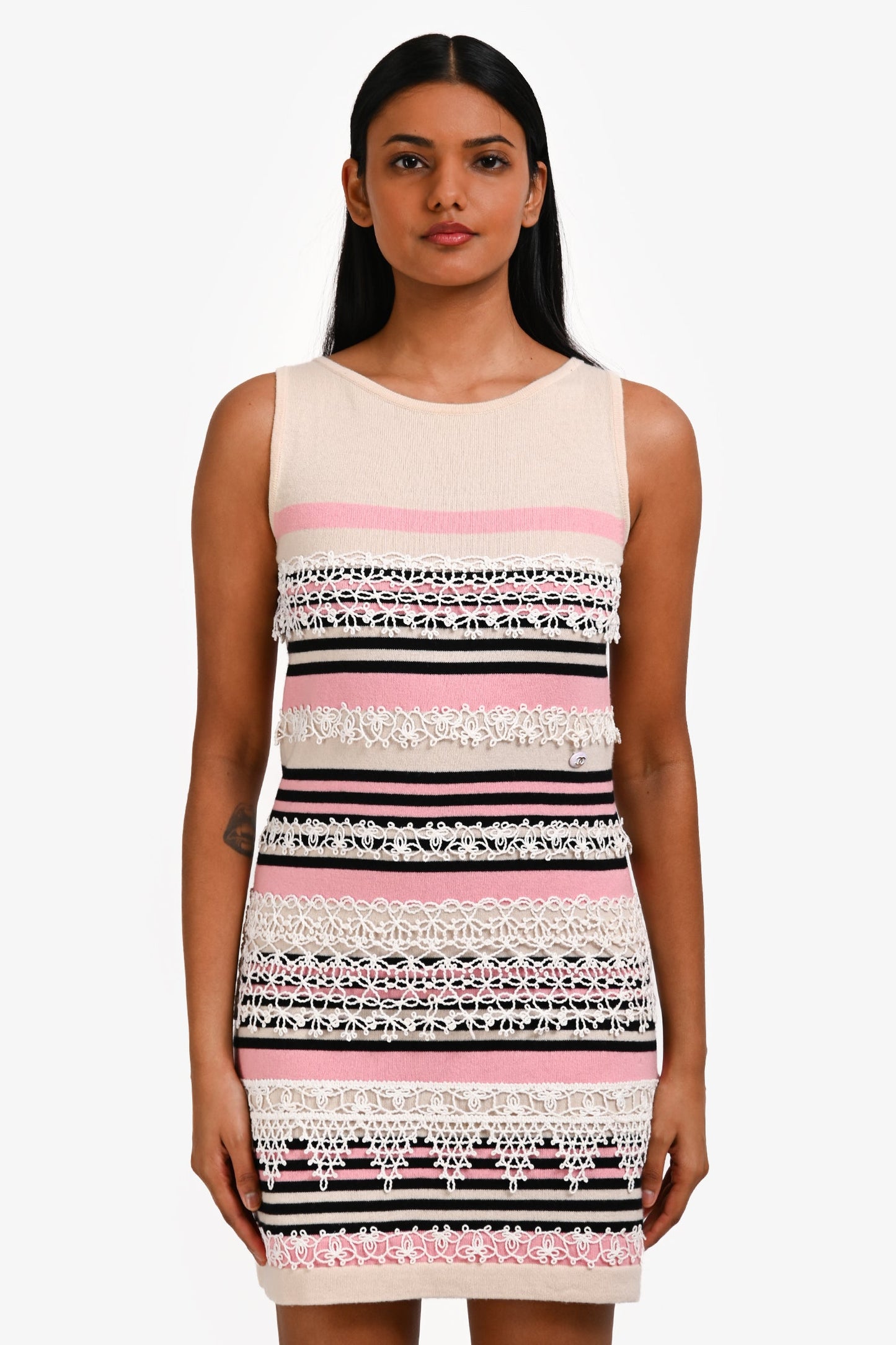Pre-Loved Chanel™ Cream/Pink Cashmere Striped Lace Sleeveless Dress Size 36