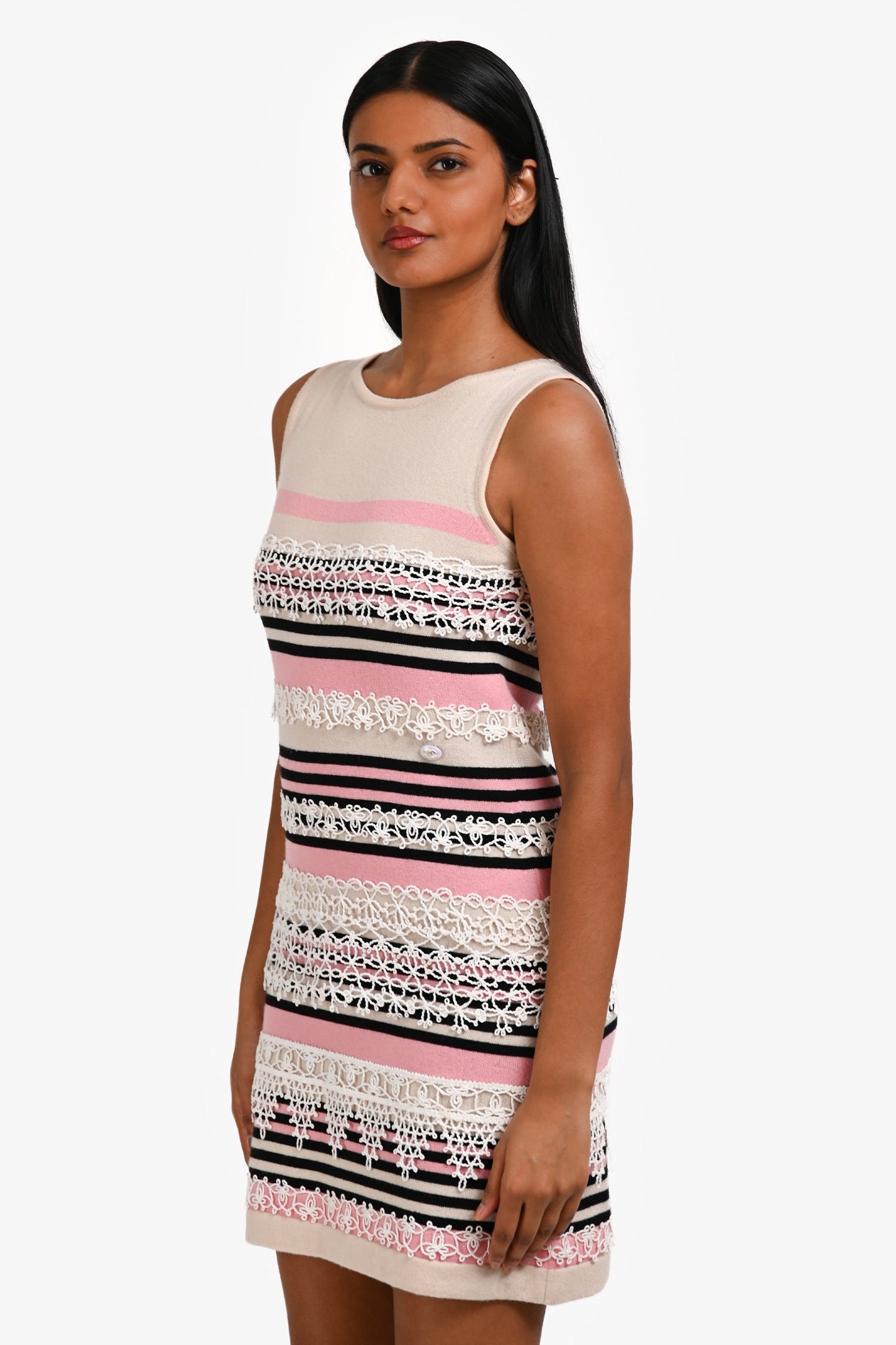 Pre-Loved Chanel™ Cream/Pink Cashmere Striped Lace Sleeveless Dress Size 36