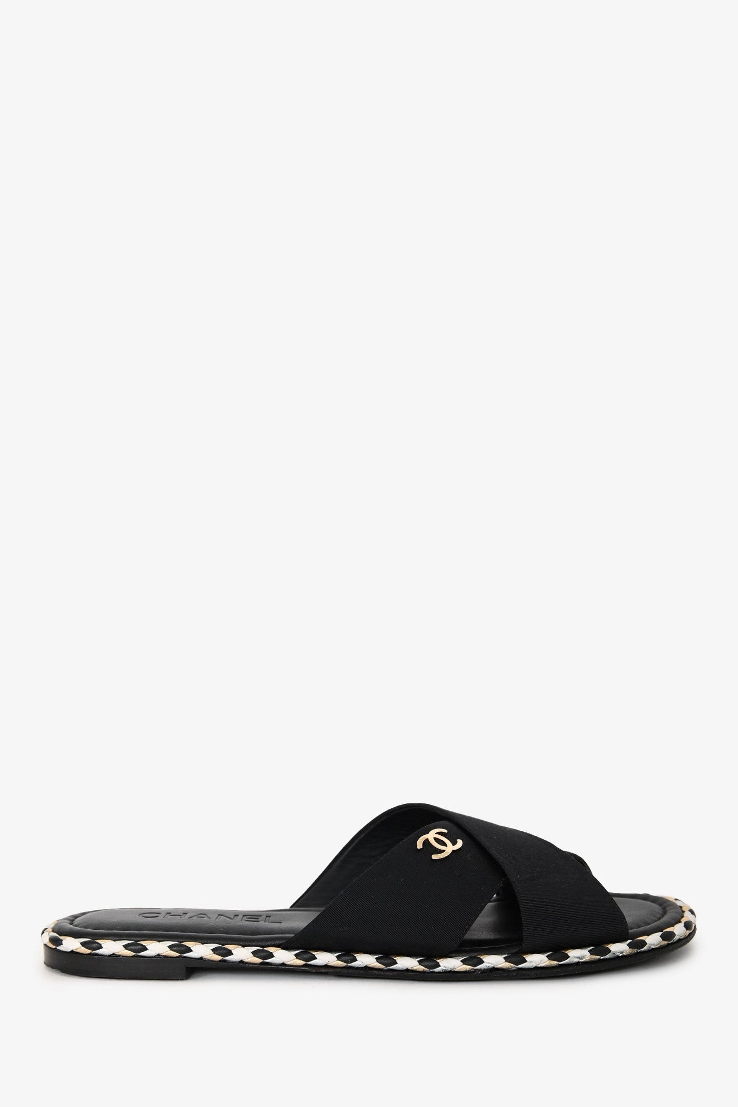 Pre-Loved Chanel™ Black Canvas/Leather Braided Trim CC Logo Slides Size 39C