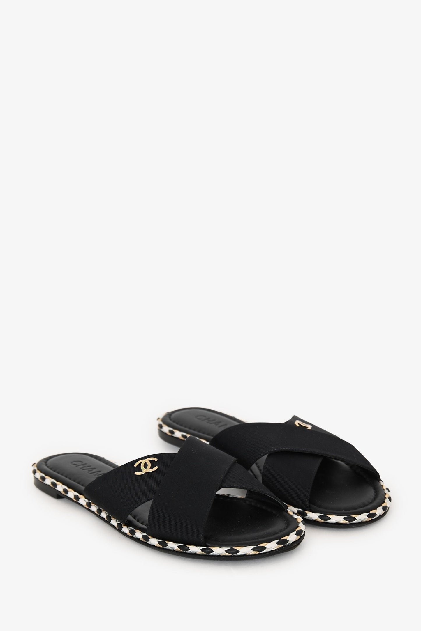 Pre-Loved Chanel™ Black Canvas/Leather Braided Trim CC Logo Slides Size 39C