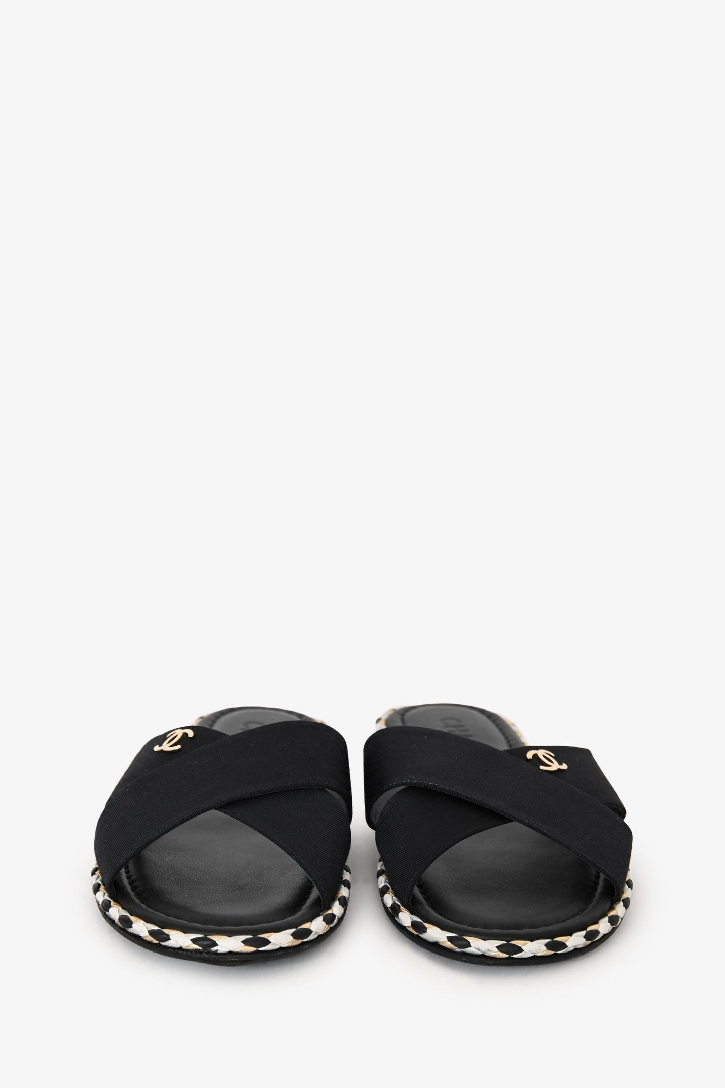 Pre-Loved Chanel™ Black Canvas/Leather Braided Trim CC Logo Slides Size 39C