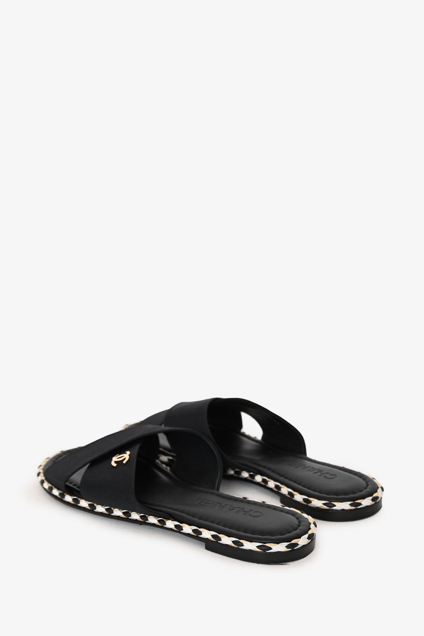 Pre-Loved Chanel™ Black Canvas/Leather Braided Trim CC Logo Slides Size 39C