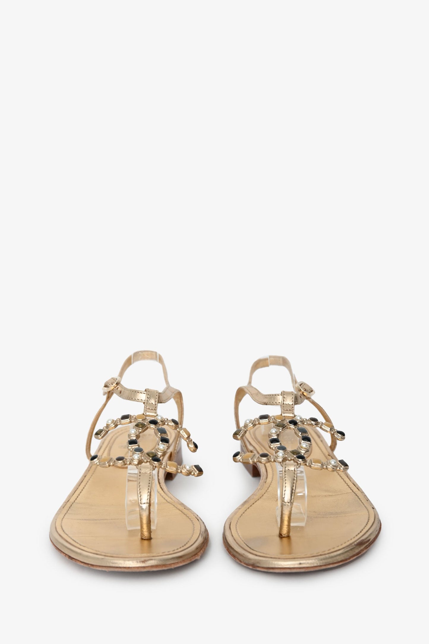 Pre-Loved Chanel™ Gold Leather CC Logo T-Strap Sandals Size 37