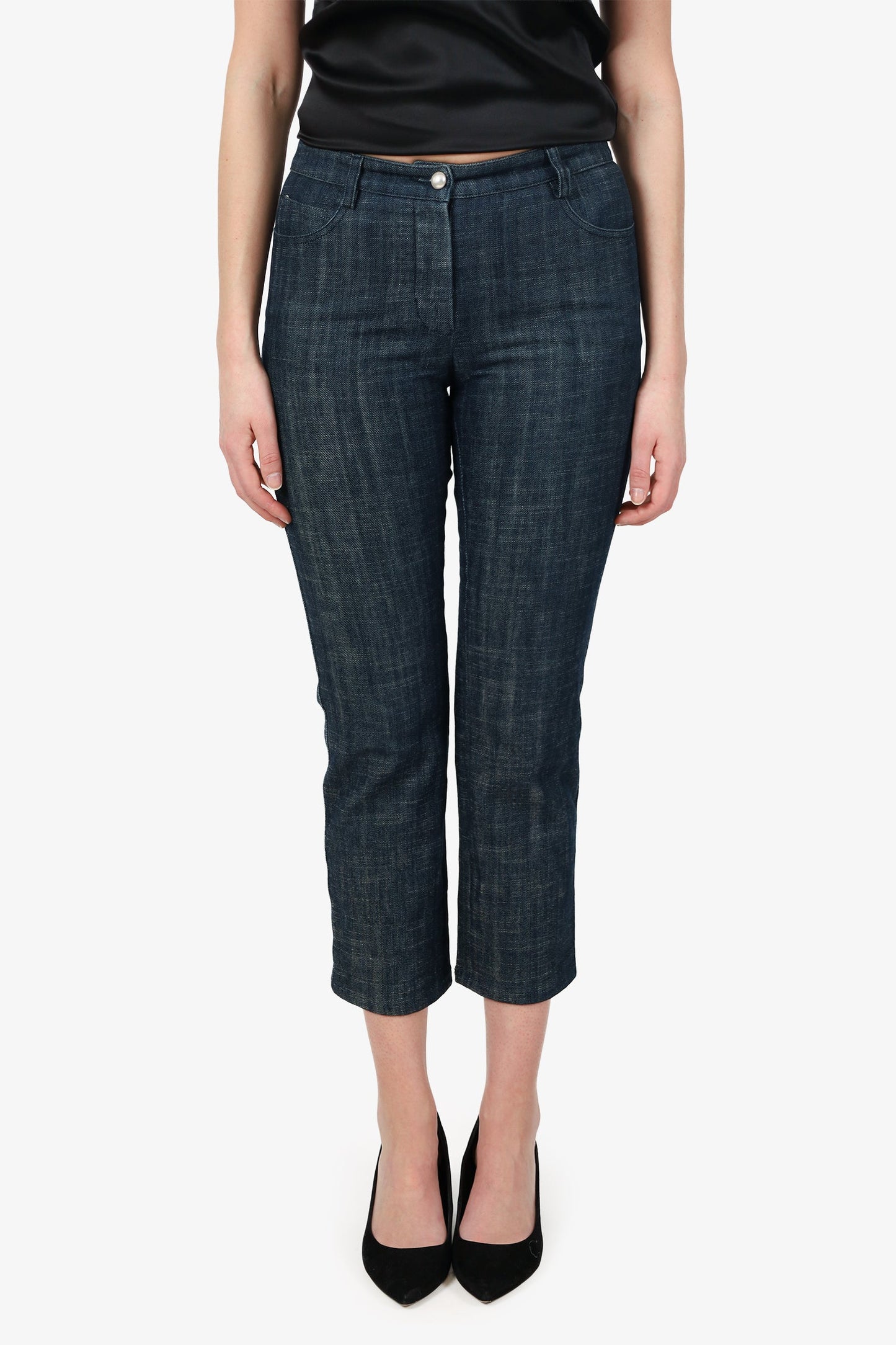 Pre-Loved Chanel™ 05C Blue Denim Pearl CC Embellished Jeans Size 38