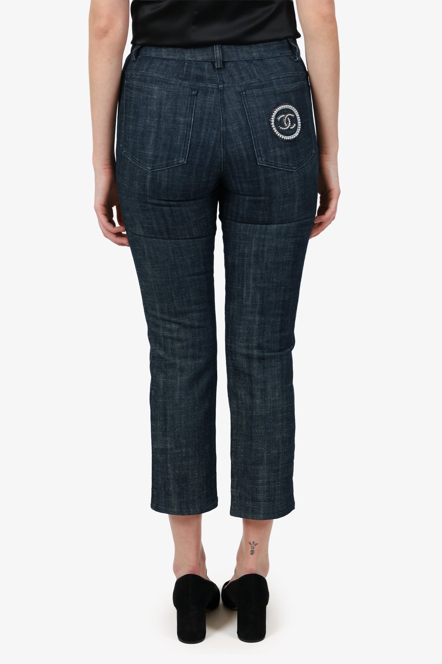 Pre-Loved Chanel™ 05C Blue Denim Pearl CC Embellished Jeans Size 38