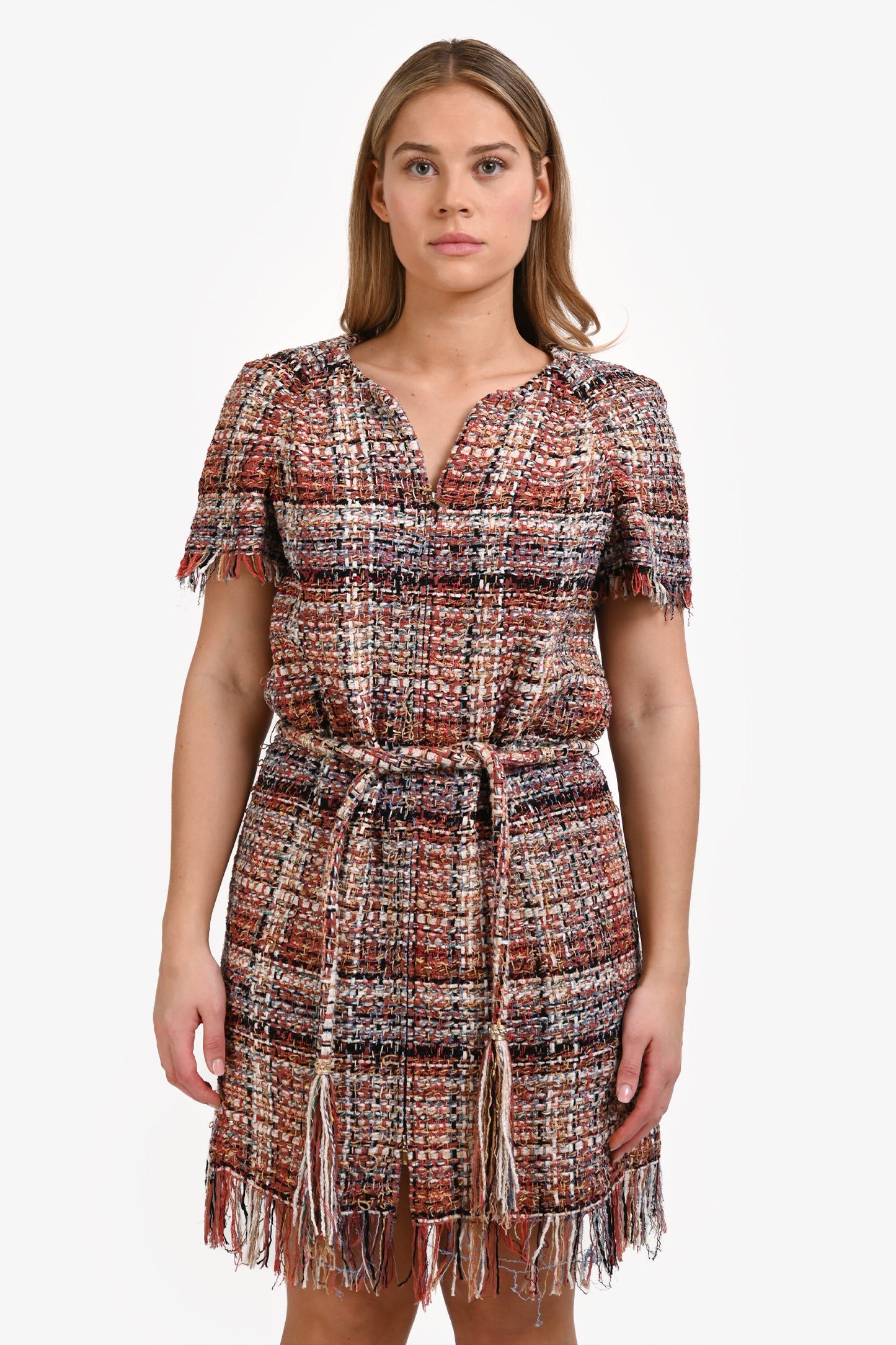 Pre-Loved Chanel™ 2018 Runway Multicolour Tweed Belted Mini Dress Size 40
