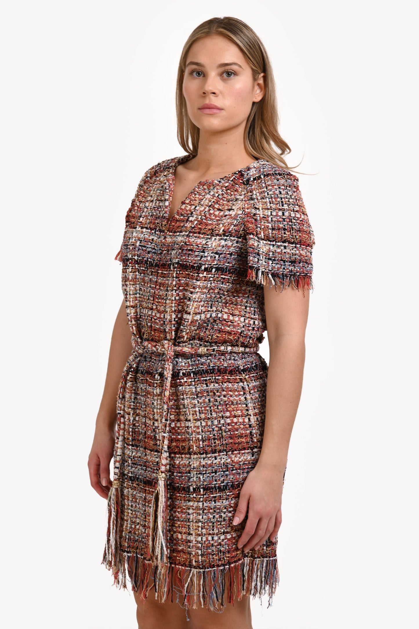 Pre-Loved Chanel™ 2018 Runway Multicolour Tweed Belted Mini Dress Size 40