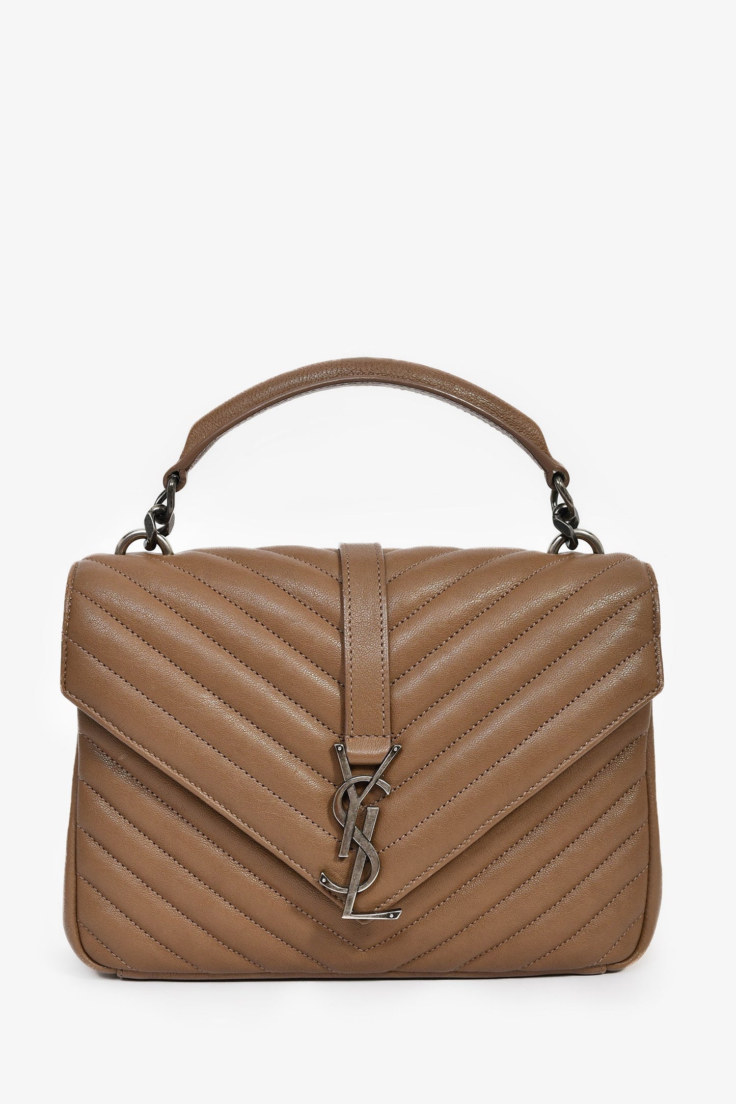 Saint Laurent Brown Chevron Leather Medium College Bag With Chain