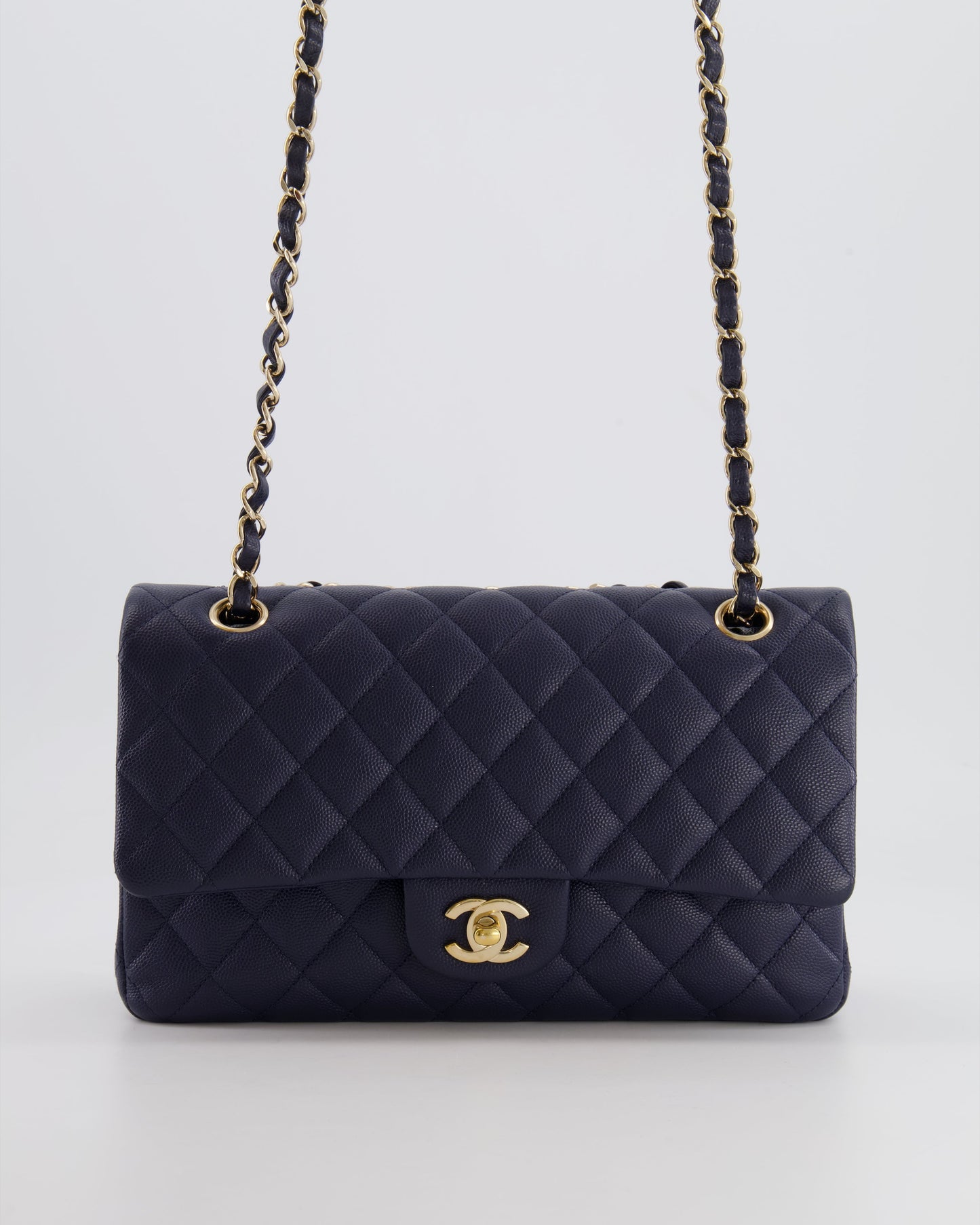 *RARE COLOUR* Chanel Classic Medium Double Flap Bag in Navy Blue Caviar Leather with Champagne Gold Hardware