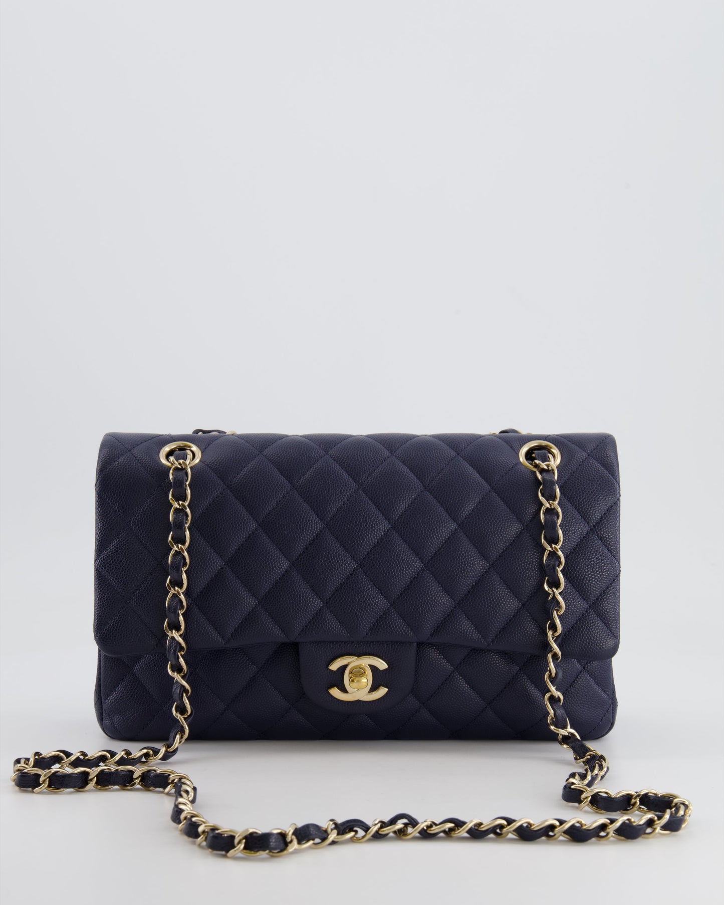 *RARE COLOUR* Chanel Classic Medium Double Flap Bag in Navy Blue Caviar Leather with Champagne Gold Hardware