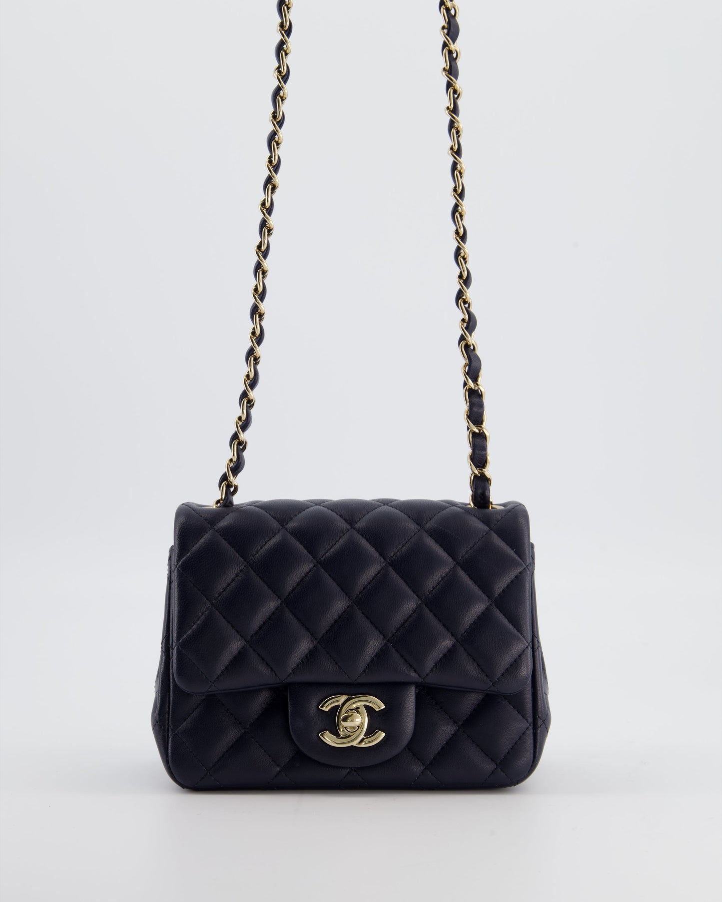 Chanel Navy Mini Square Classic Flap Bag in Lambskin Leather with Champagne Gold Hardware