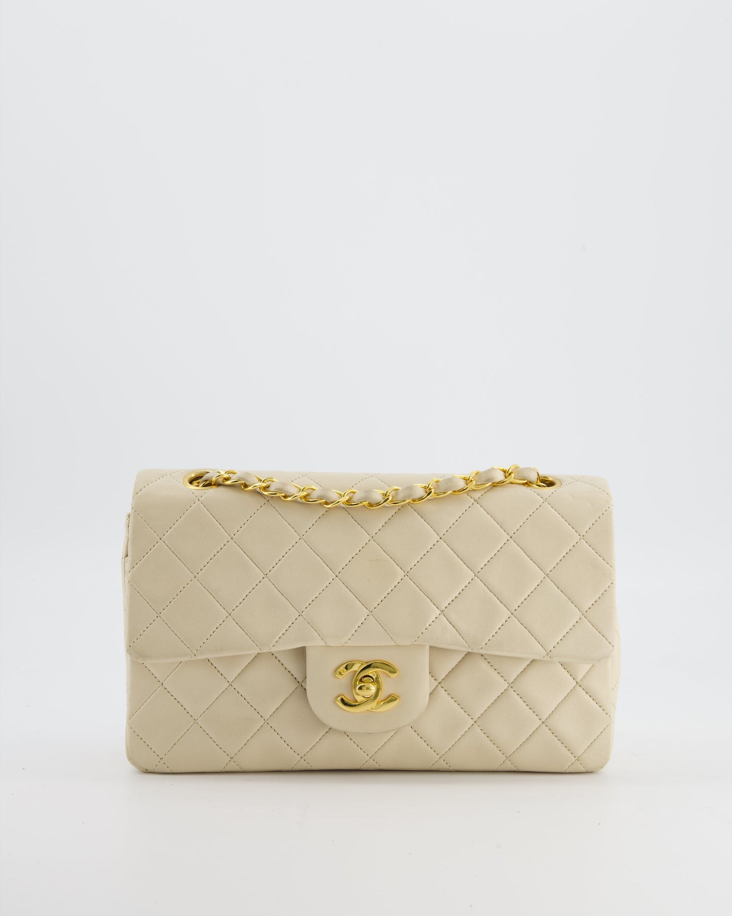 Chanel Cream Vintage Small Classic Double Flap Bag in Lambskin Leather with 24K Gold Hardware