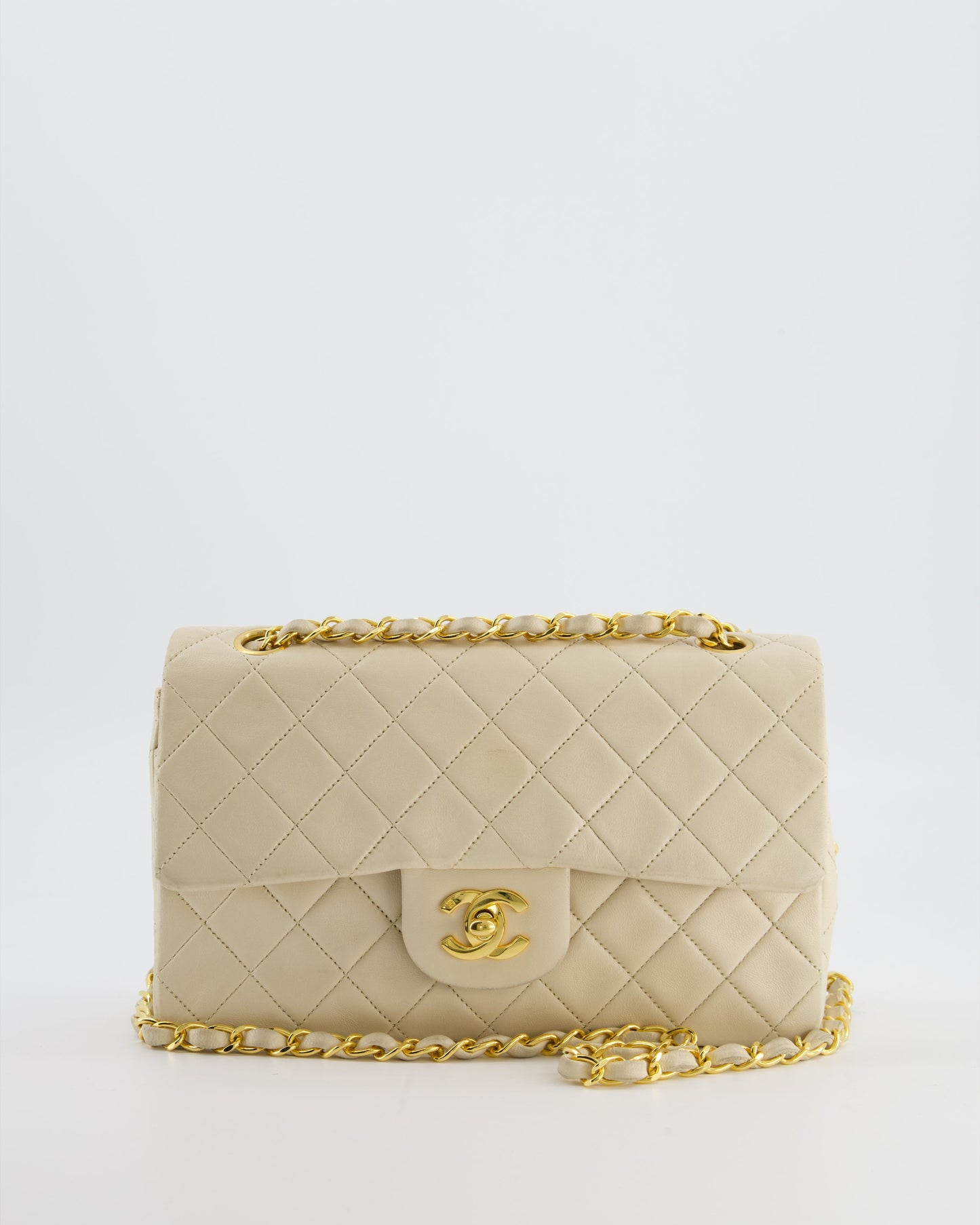 Chanel Cream Vintage Small Classic Double Flap Bag in Lambskin Leather with 24K Gold Hardware