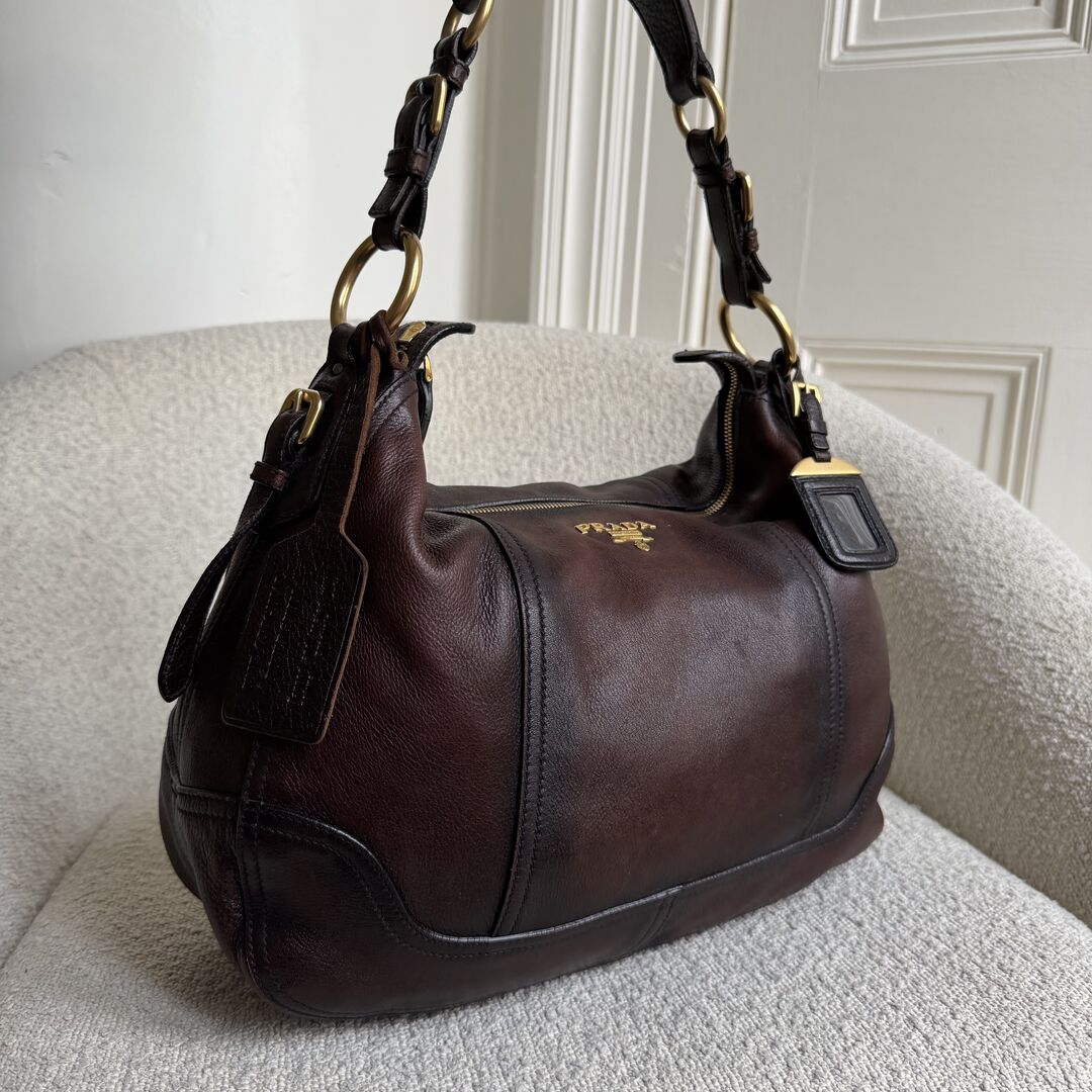 Prada Vitello Daino Brown Leather Shoulder Bag