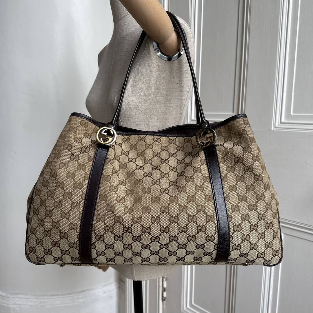 Gucci GG Canvas Twins Black Leather Tote Bag
