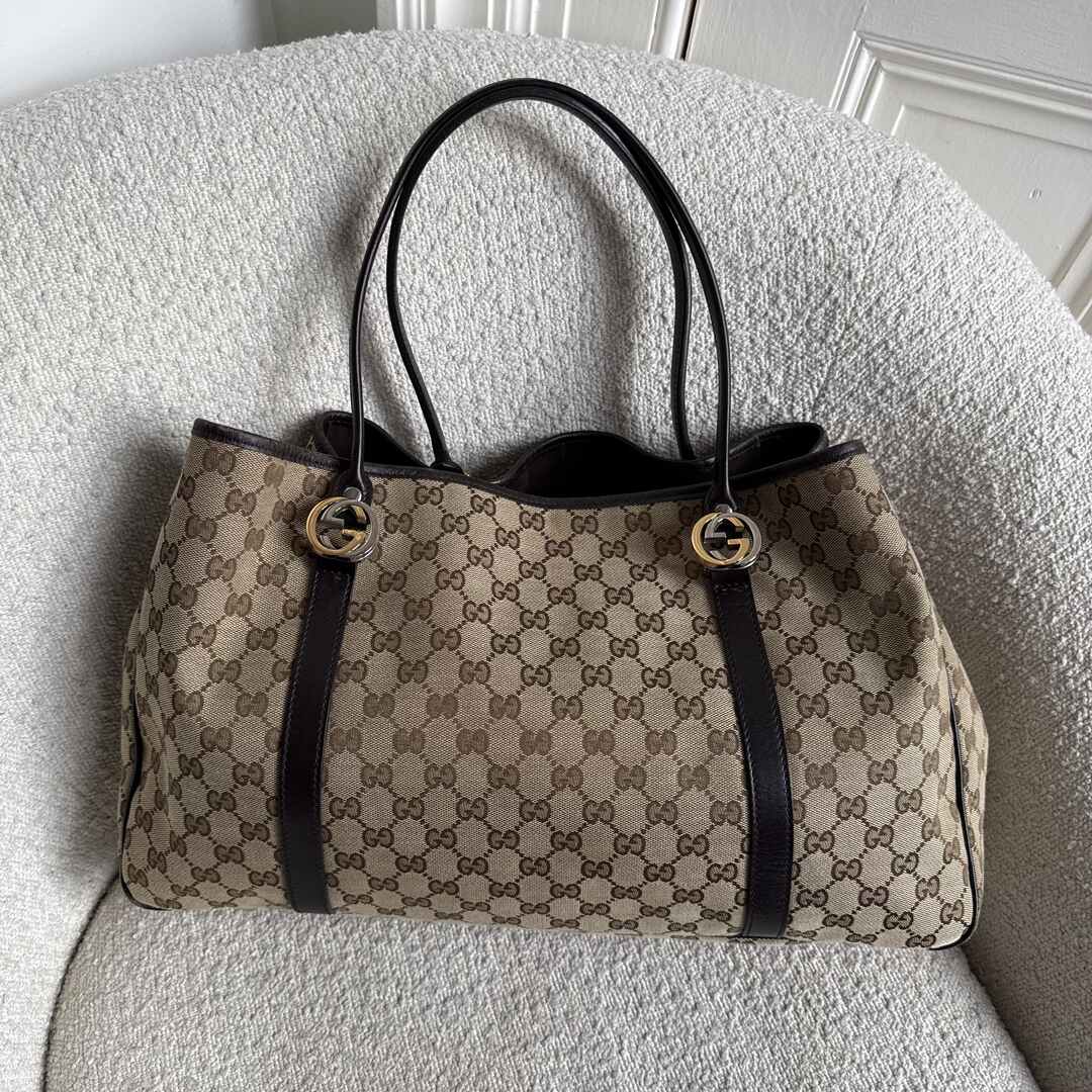 Gucci GG Canvas Twins Black Leather Tote Bag