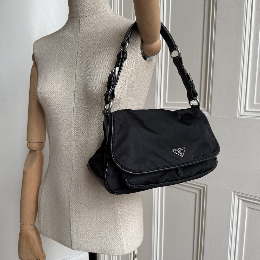 Prada Saffiano Trimmed Tessuto Nylon Black Shoulder Bag