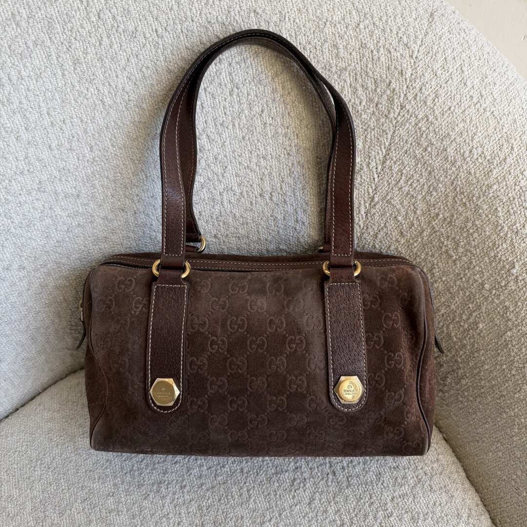 Rare Gucci GG Suede Charmy Boston Brown Shoulder Bag