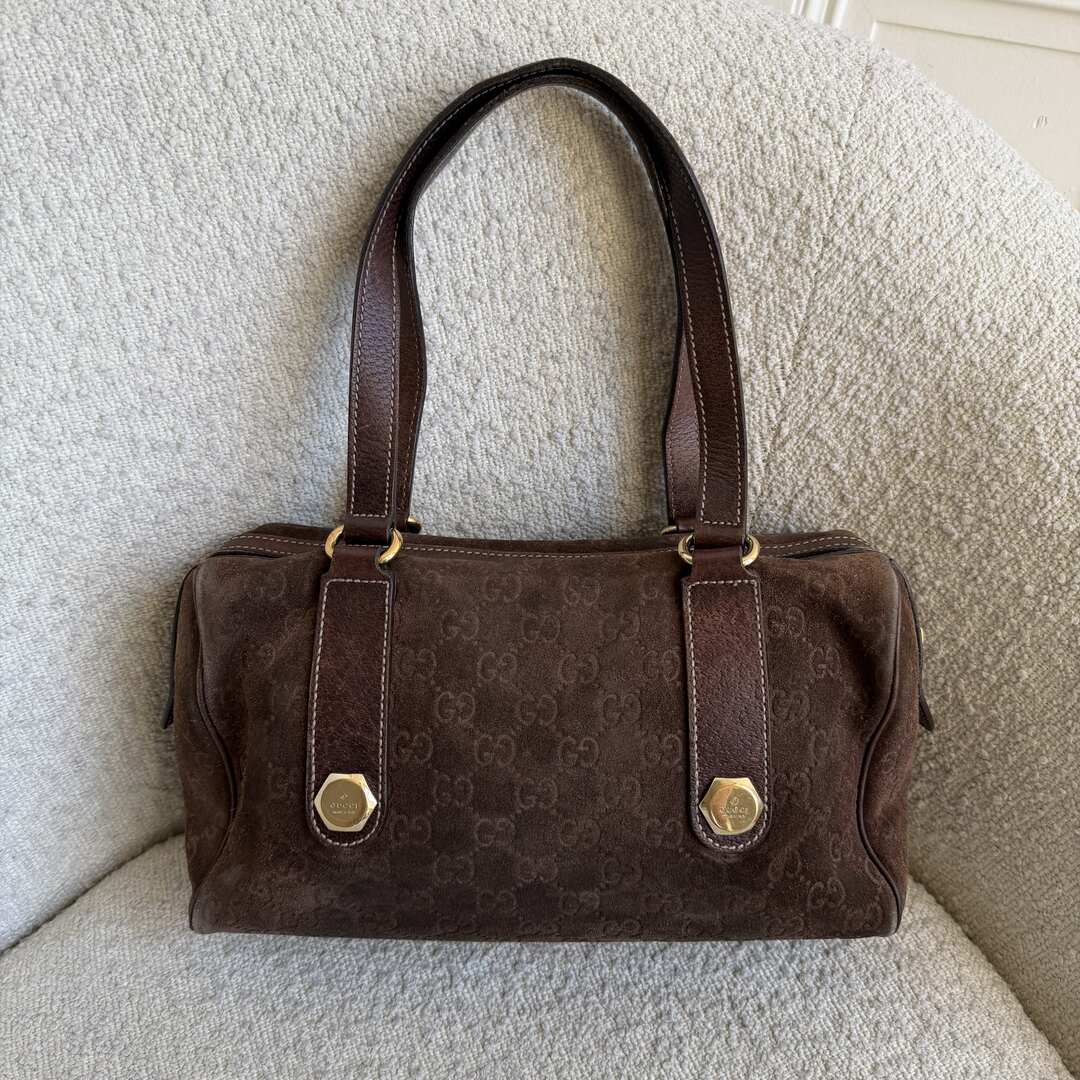 Rare Gucci GG Suede Charmy Boston Brown Shoulder Bag