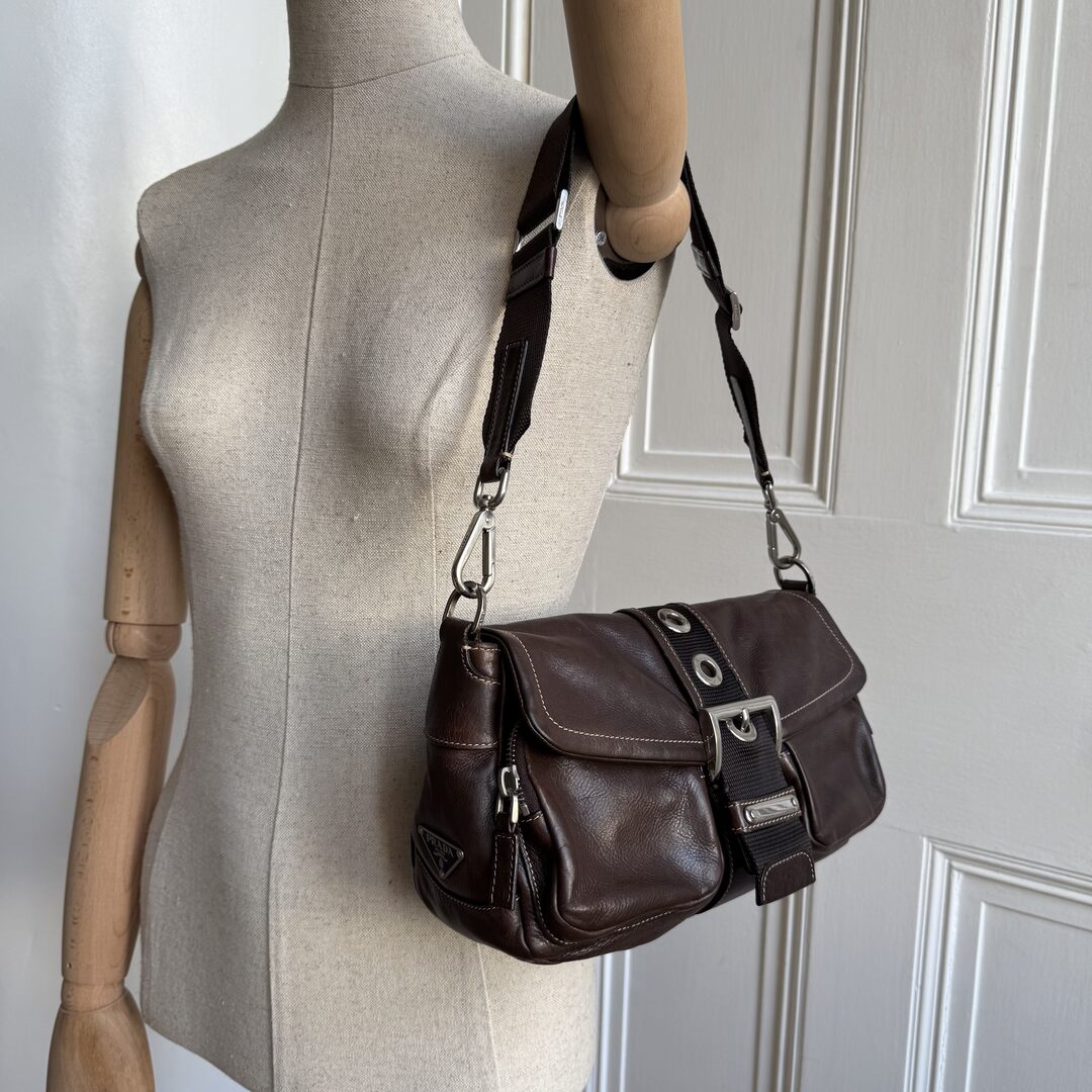 Prada Buckle Leather Brown Shoulder Bag