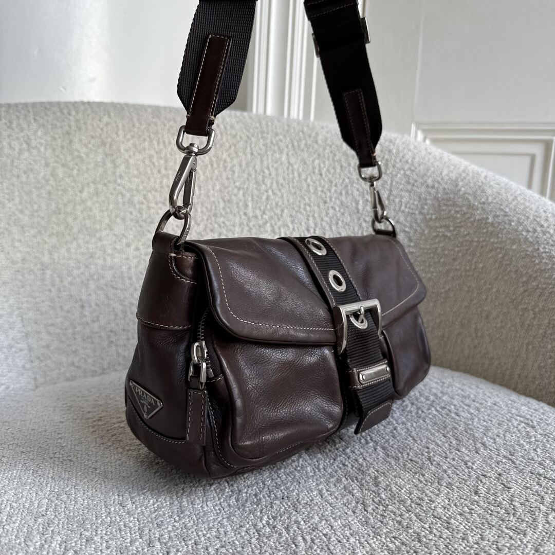 Prada Buckle Leather Brown Shoulder Bag