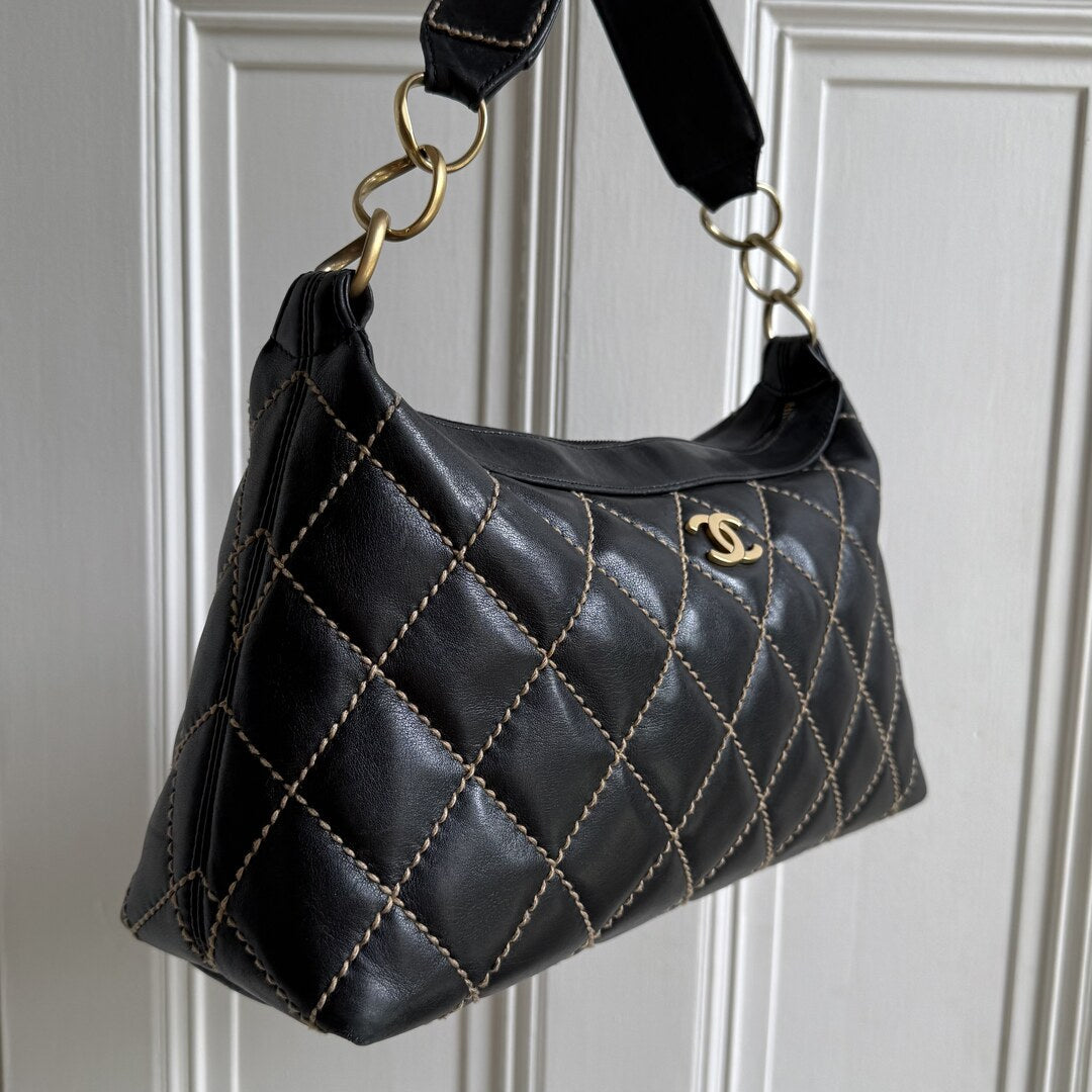 2003 Chanel CC Surpique Wild Stitch Black Leather Handbag